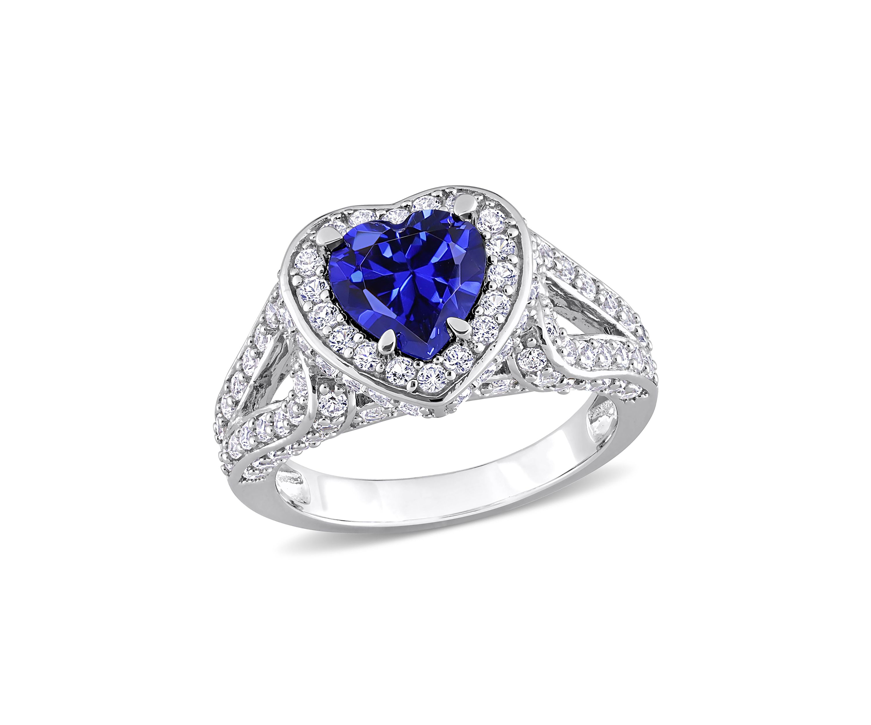 Lab Created 4 3/8 CT TGW Created Blue and Created White Sapphire Heart Halo Split Shank Ring in Sterling Silver