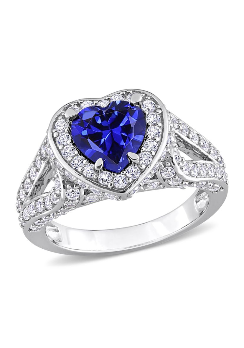 Lab Created 4 3/8 CT TGW Created Blue and Created White Sapphire Heart Halo Split Shank Ring in Sterling Silver