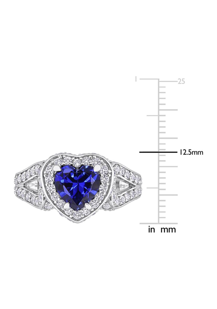Lab Created 4 3/8 CT TGW Created Blue and Created White Sapphire Heart Halo Split Shank Ring in Sterling Silver