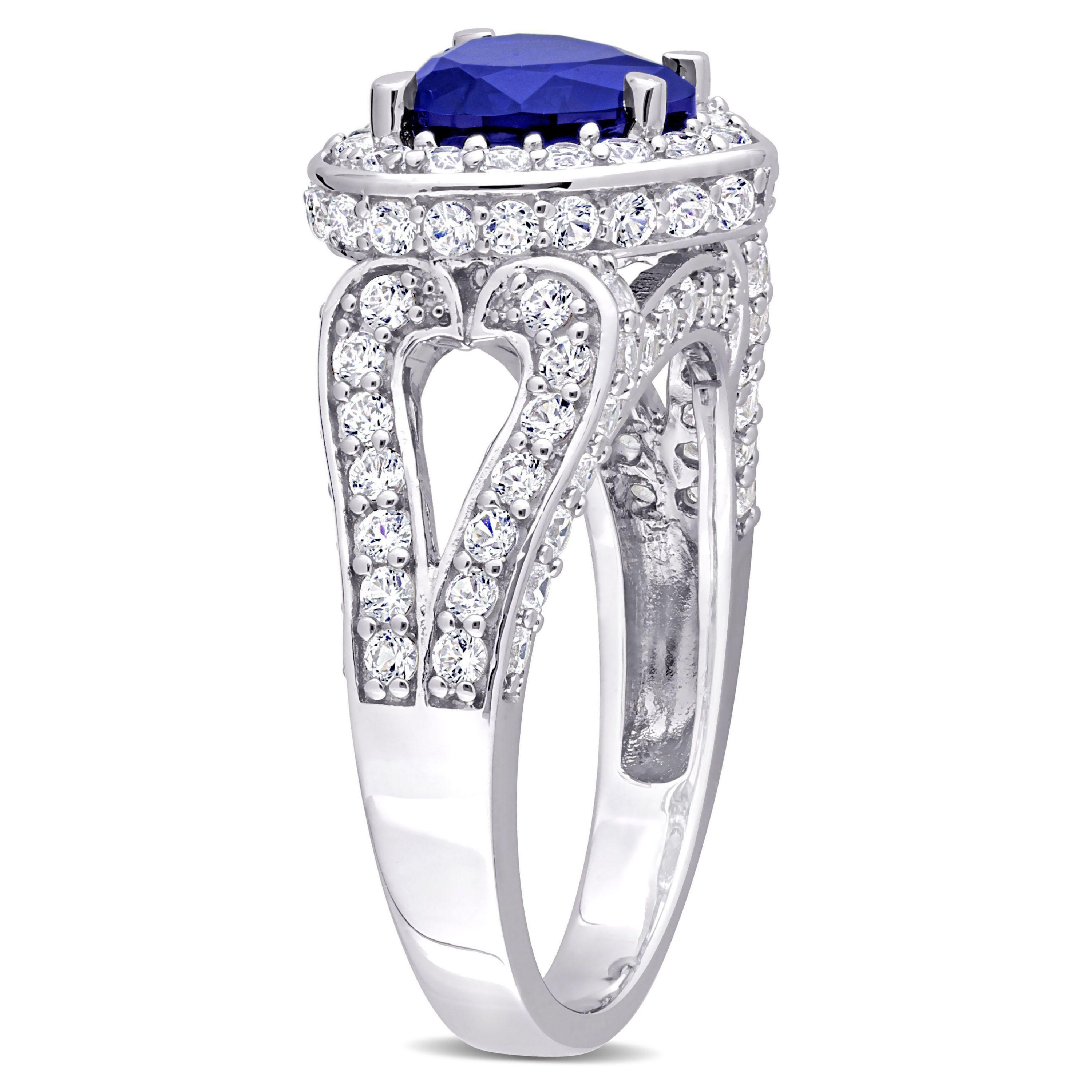 Lab Created 4 3/8 CT TGW Created Blue and Created White Sapphire Heart Halo Split Shank Ring in Sterling Silver