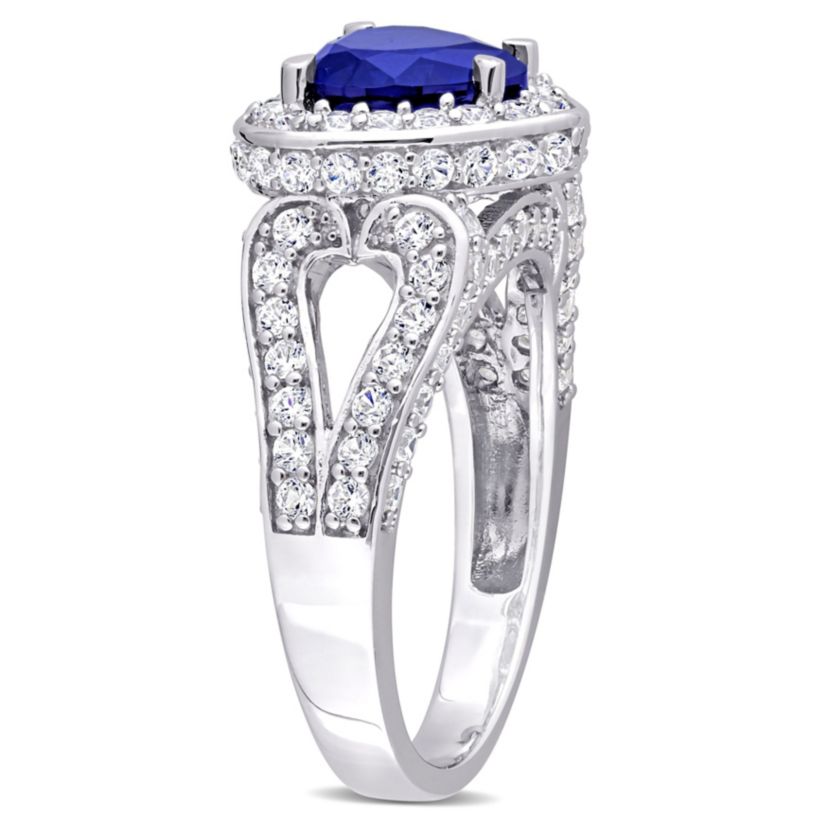 Lab Created 4 3/8 CT TGW Created Blue and Created White Sapphire Heart Halo Split Shank Ring in Sterling Silver