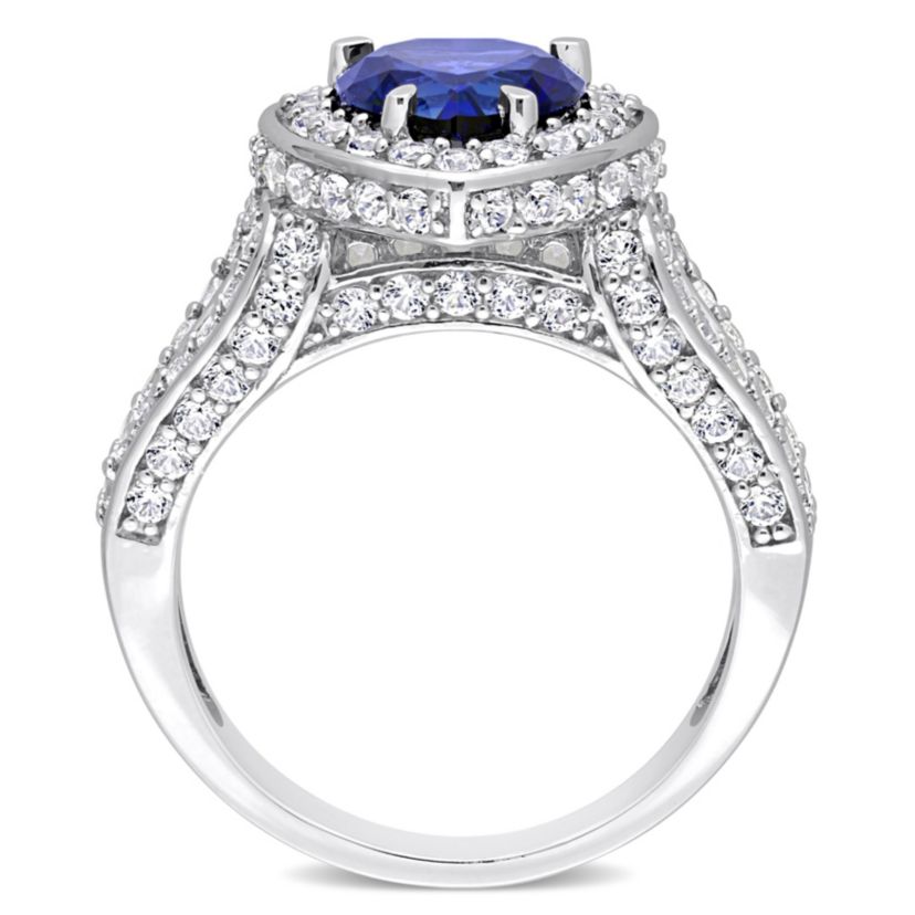 Lab Created 4 3/8 CT TGW Created Blue and Created White Sapphire Heart Halo Split Shank Ring in Sterling Silver