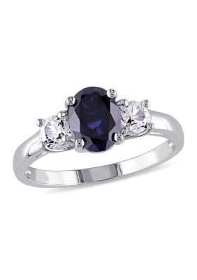 Belk & Co Lab Created Oval Cut Blue and White Sapphire 3-Stone Ring in Sterling Silver, 6