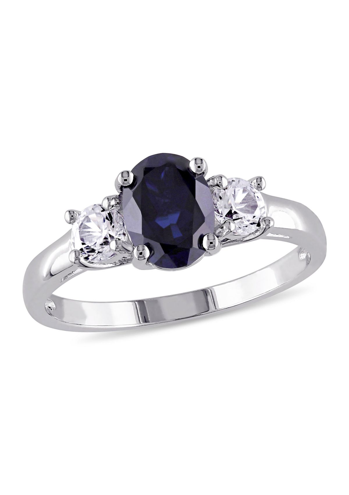 Lab Created Oval Cut Created Blue and Created White Sapphire 3-Stone Ring in Sterling Silver