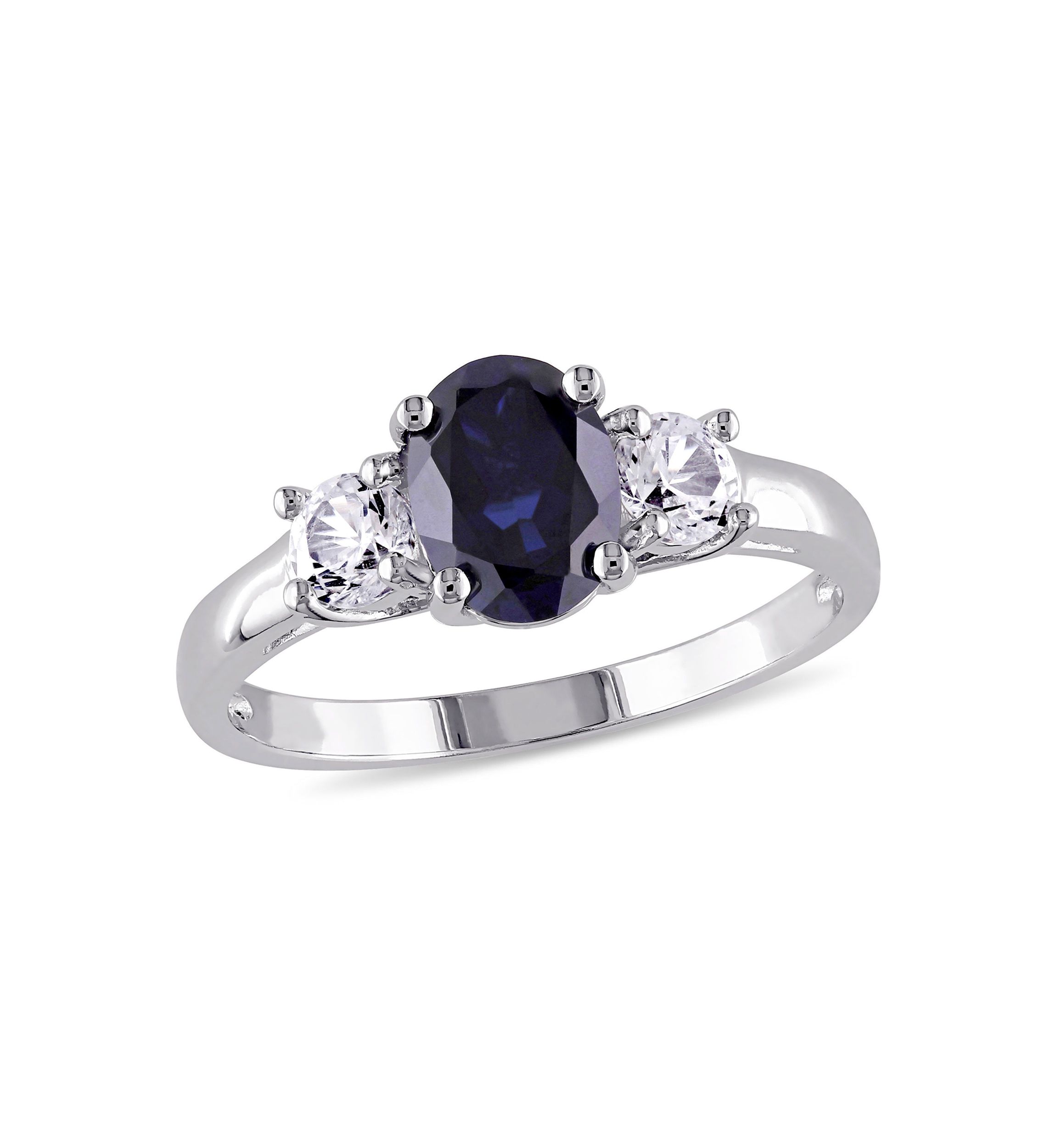 Lab Created Oval Cut Created Blue and Created White Sapphire 3-Stone Ring in Sterling Silver