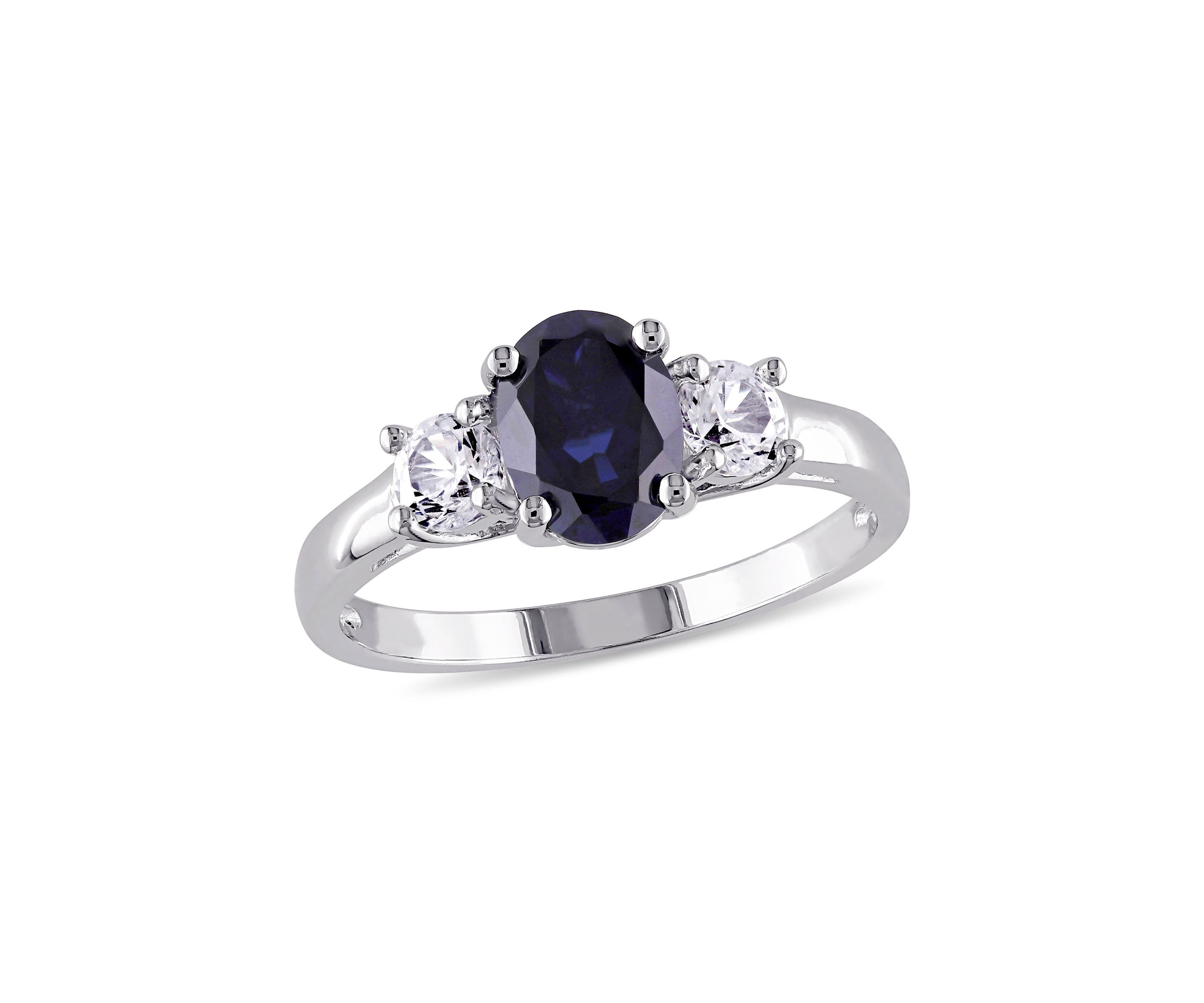 Lab Created Oval Cut Created Blue and Created White Sapphire 3-Stone Ring in Sterling Silver