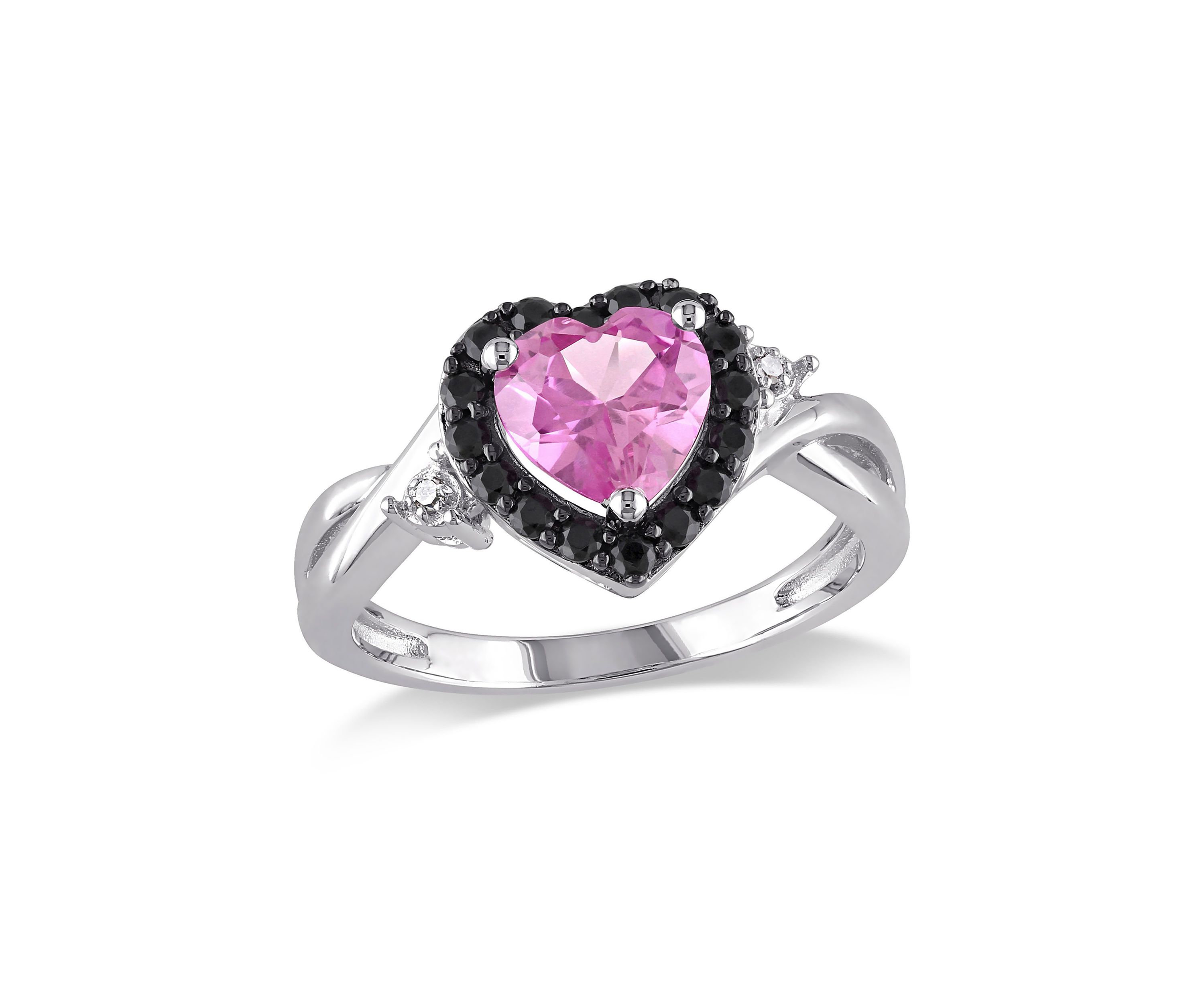 Lab Created Created Pink Sapphire, Black Spinel and Diamond Heart Ring in Sterling Silver