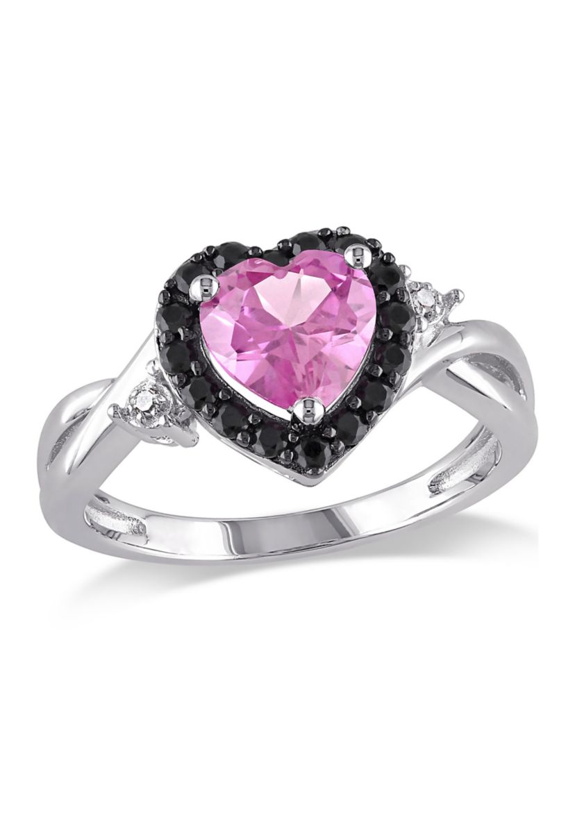 Lab Created Created Pink Sapphire, Black Spinel and Diamond Heart Ring in Sterling Silver