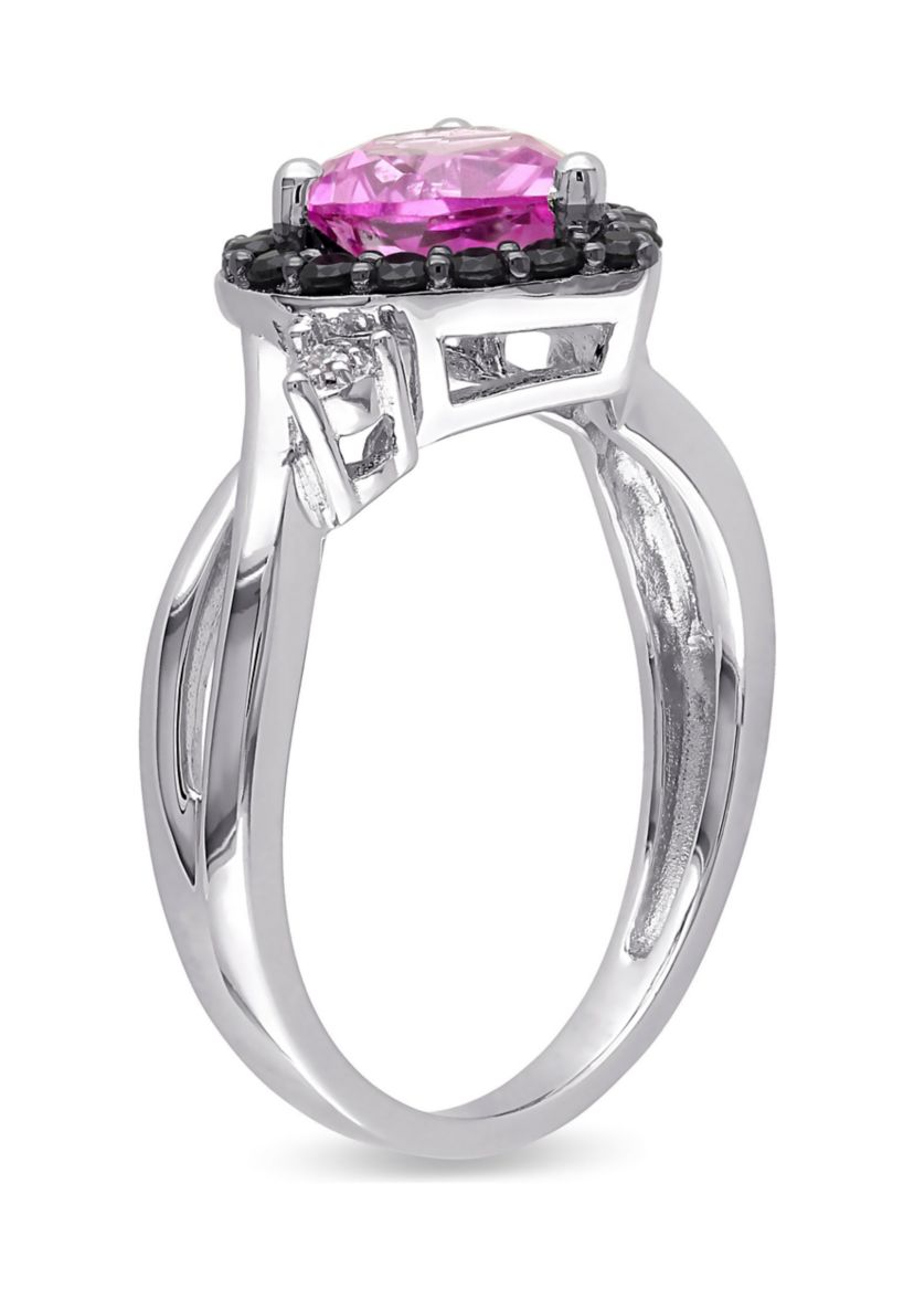 Lab Created Created Pink Sapphire, Black Spinel and Diamond Heart Ring in Sterling Silver