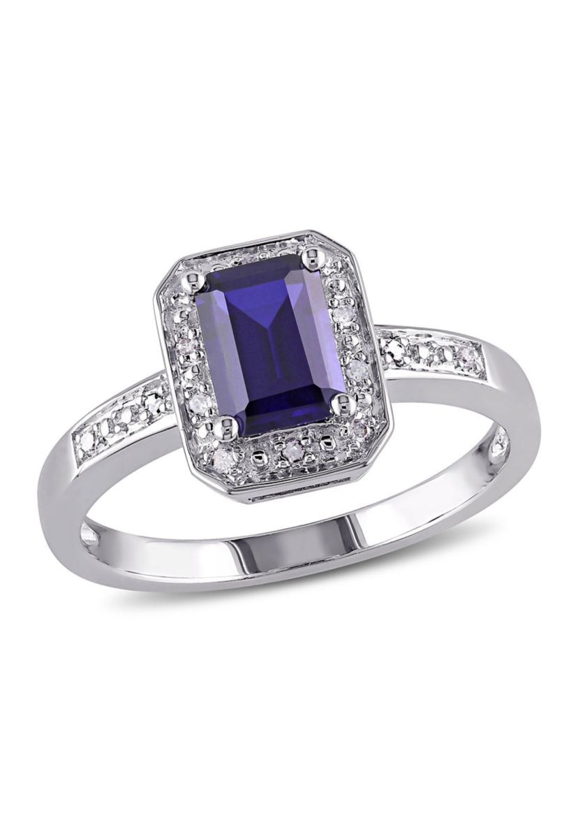 Lab Created Emerald Cut Created Blue Sapphire and Diamond Accent Ring in Sterling Silver