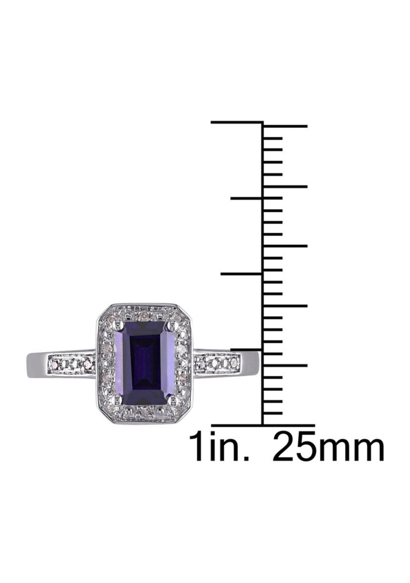 Lab Created Emerald Cut Created Blue Sapphire and Diamond Accent Ring in Sterling Silver