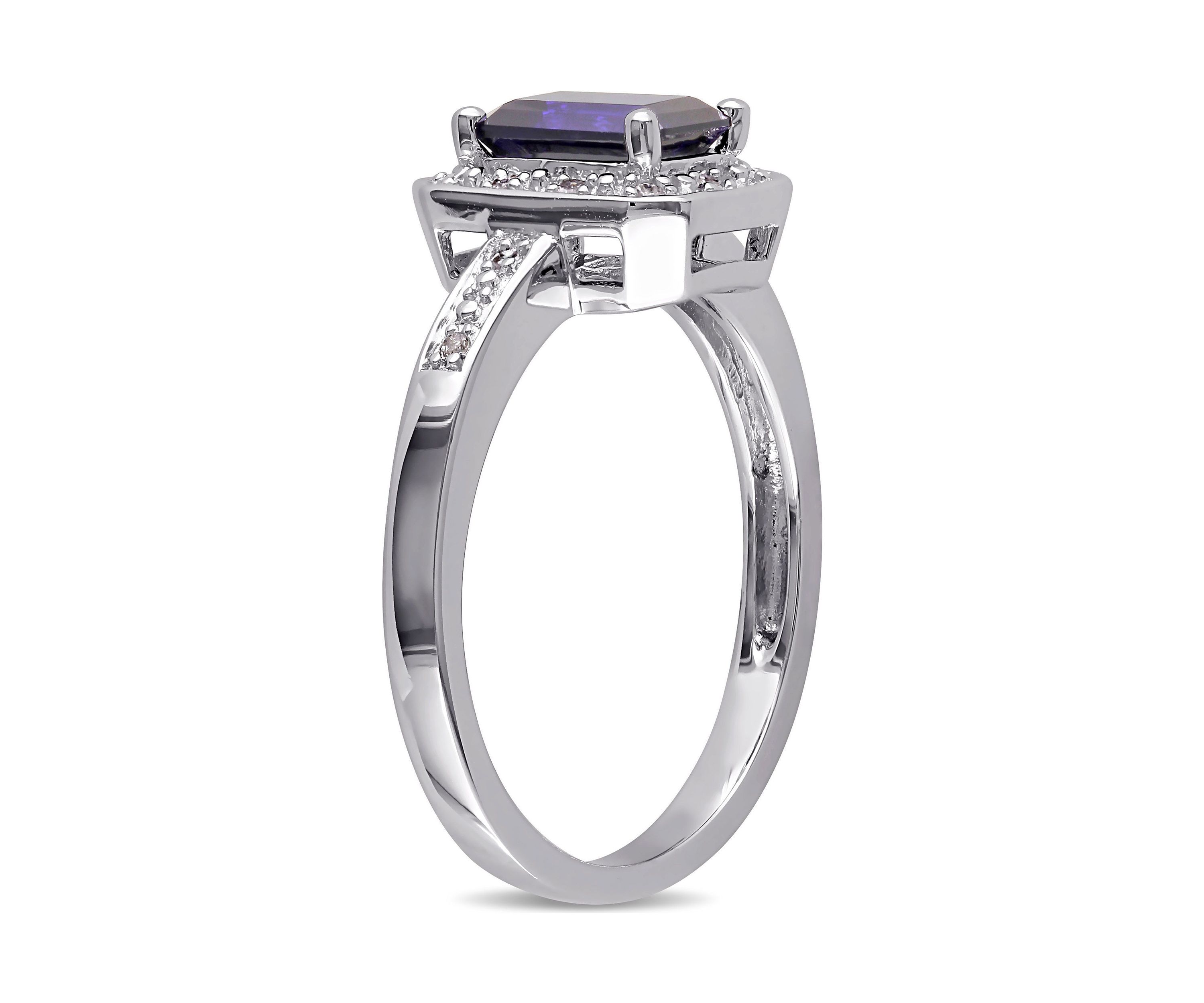 Lab Created Emerald Cut Created Blue Sapphire and Diamond Accent Ring in Sterling Silver
