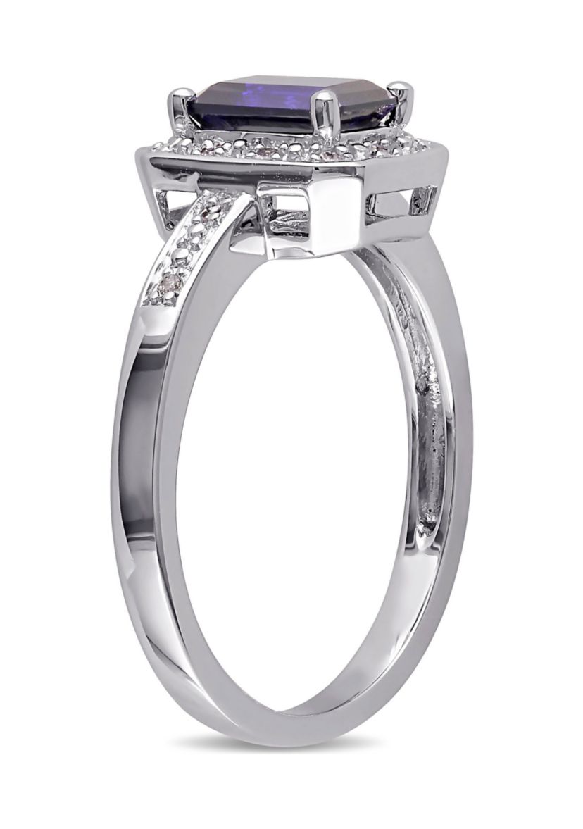 Lab Created Emerald Cut Created Blue Sapphire and Diamond Accent Ring in Sterling Silver