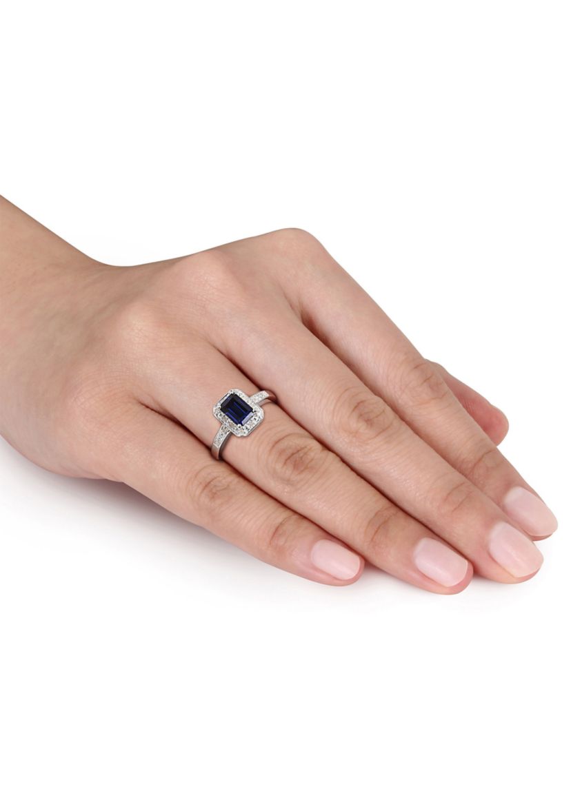 Lab Created Emerald Cut Created Blue Sapphire and Diamond Accent Ring in Sterling Silver