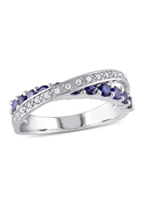 Belk & Co Lab Created 1/10 CT TW Diamond and Blue Sapphire Crossover Ring in Sterling Silver, White, 8