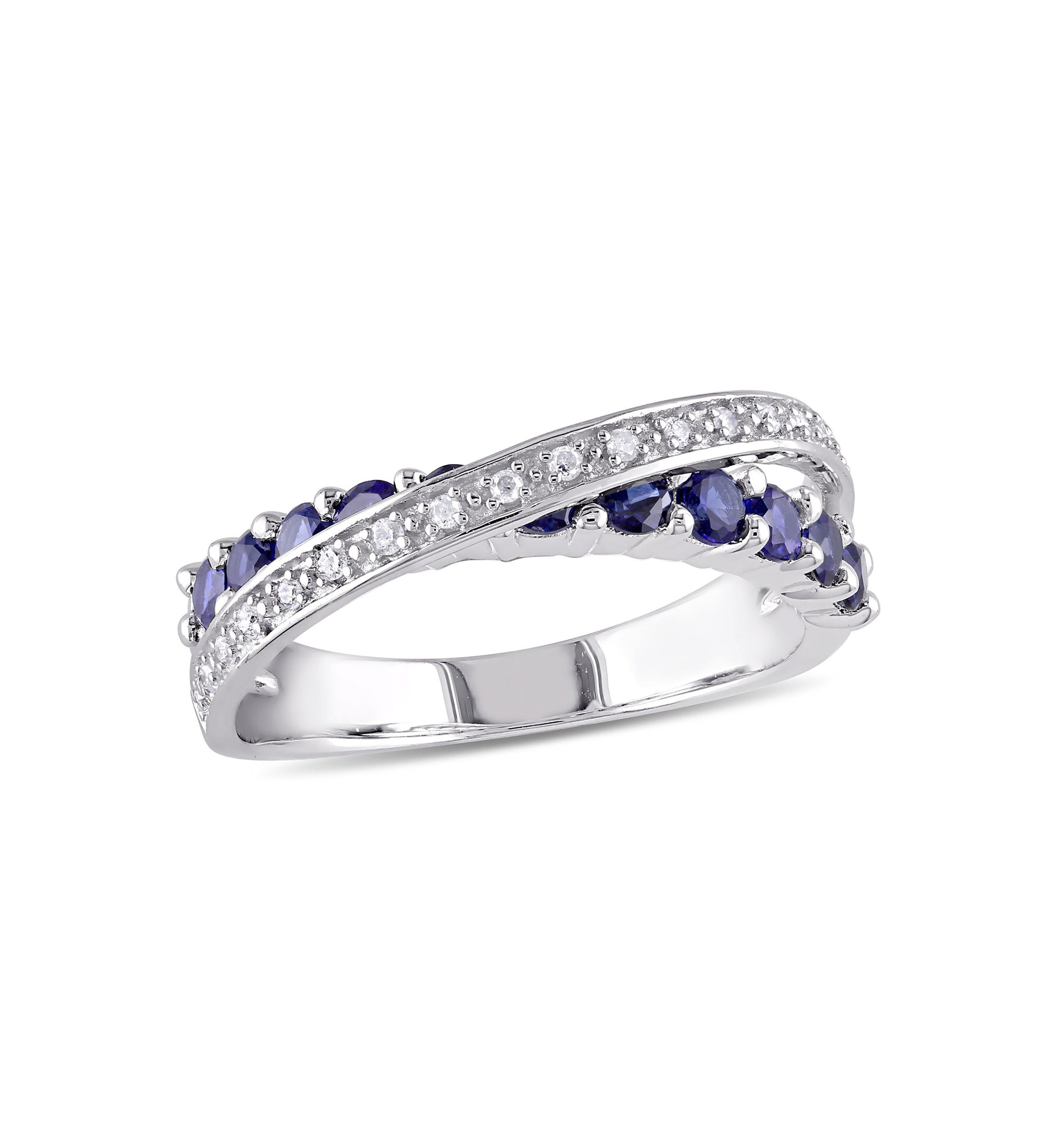 Lab Created 1/10 CT TW Diamond and Created Blue Sapphire Crossover Ring in Sterling Silver
