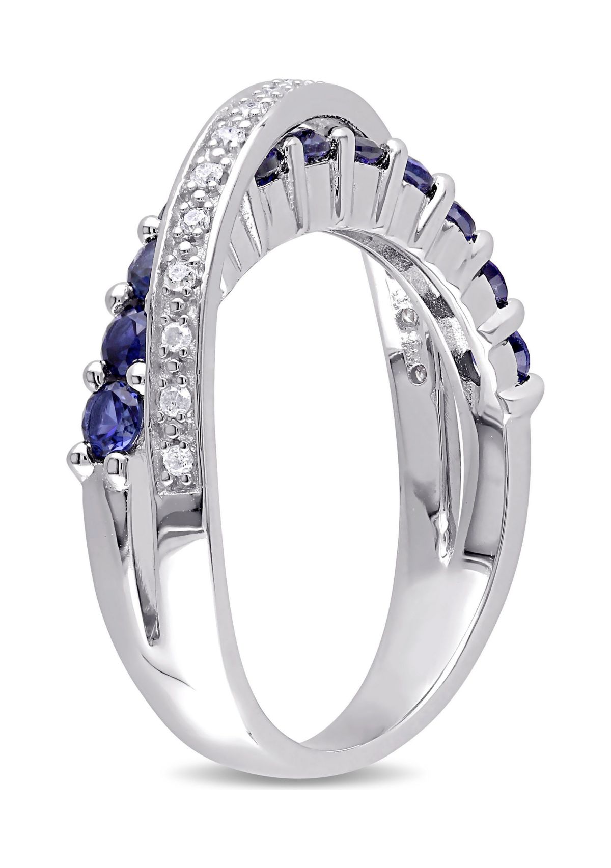Lab Created 1/10 CT TW Diamond and Created Blue Sapphire Crossover Ring in Sterling Silver