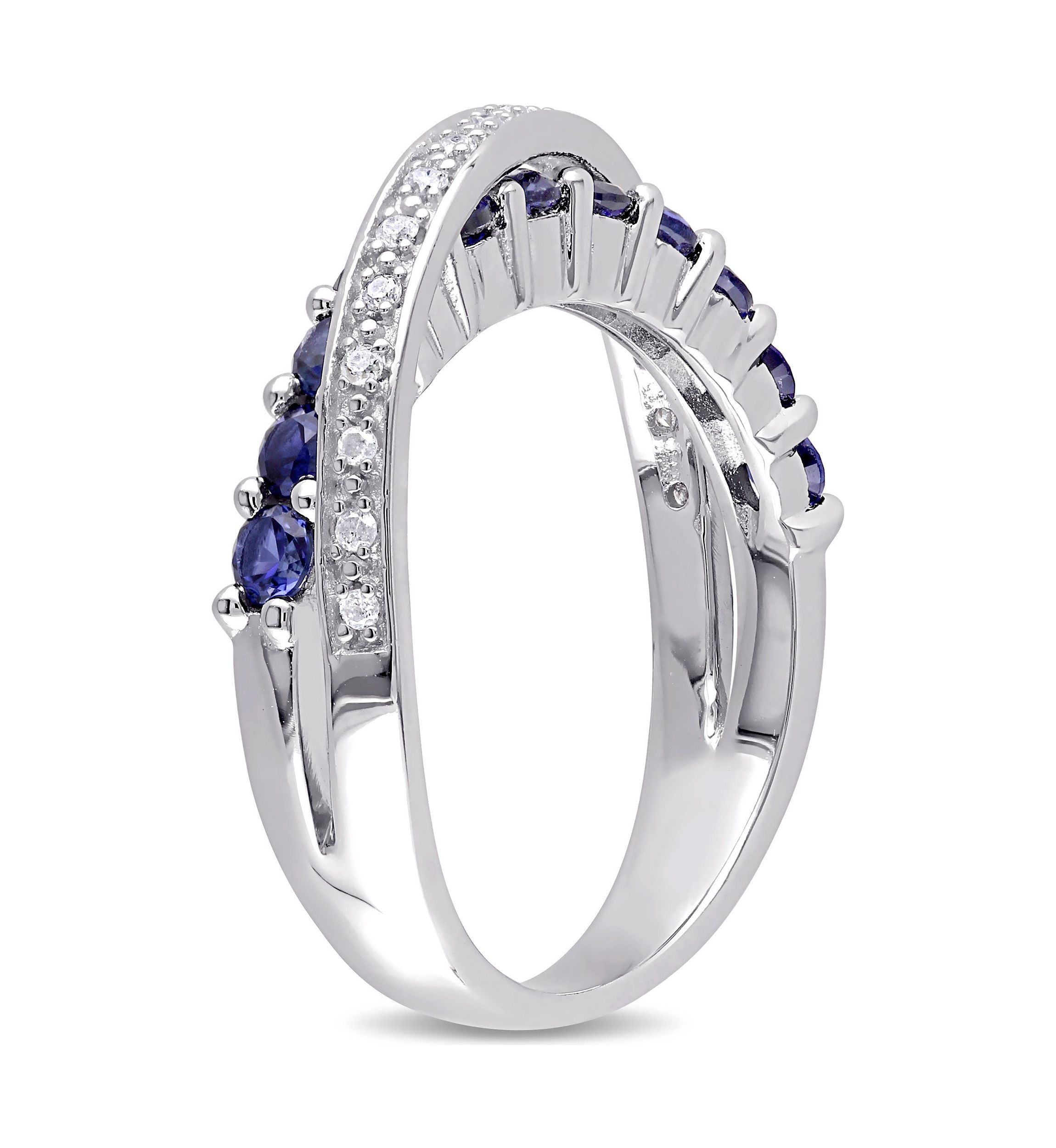 Lab Created 1/10 CT TW Diamond and Created Blue Sapphire Crossover Ring in Sterling Silver