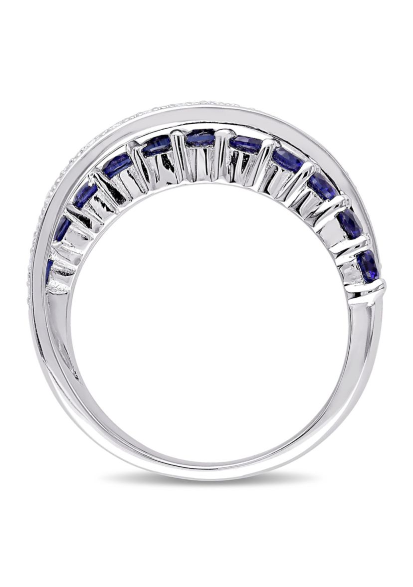 Lab Created 1/10 CT TW Diamond and Created Blue Sapphire Crossover Ring in Sterling Silver