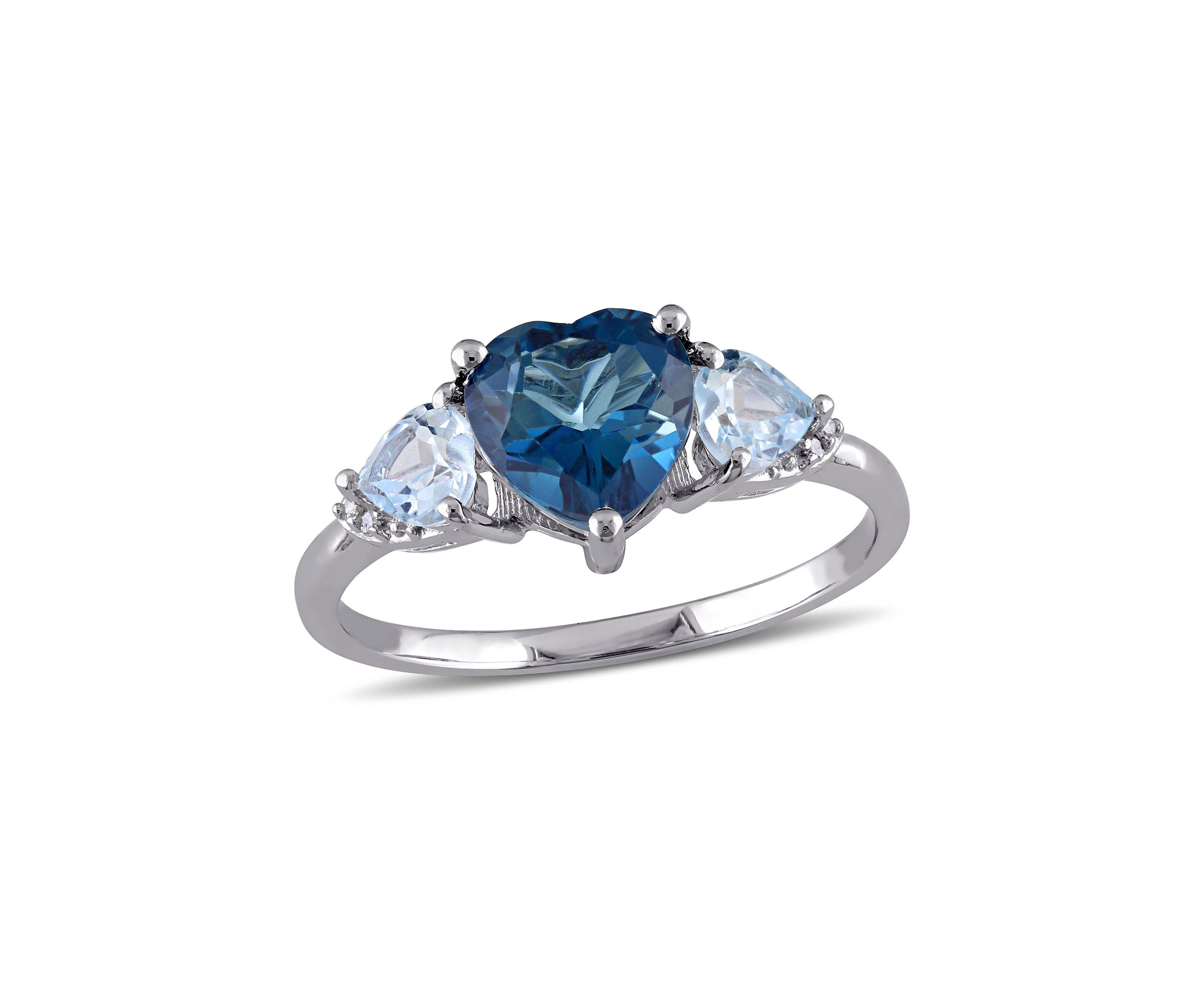 London Blue and Sky Blue Topaz with Diamond Accent Triple Heart Ring in Sterling Silver