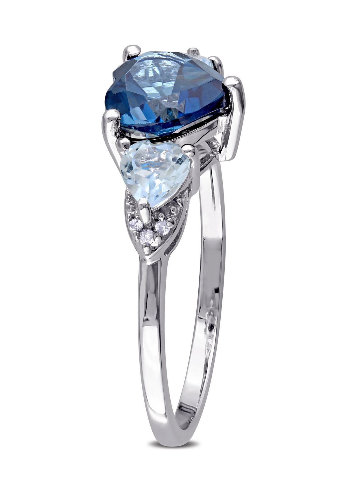 London Blue and Sky Blue Topaz with Diamond Accent Triple Heart Ring in Sterling Silver