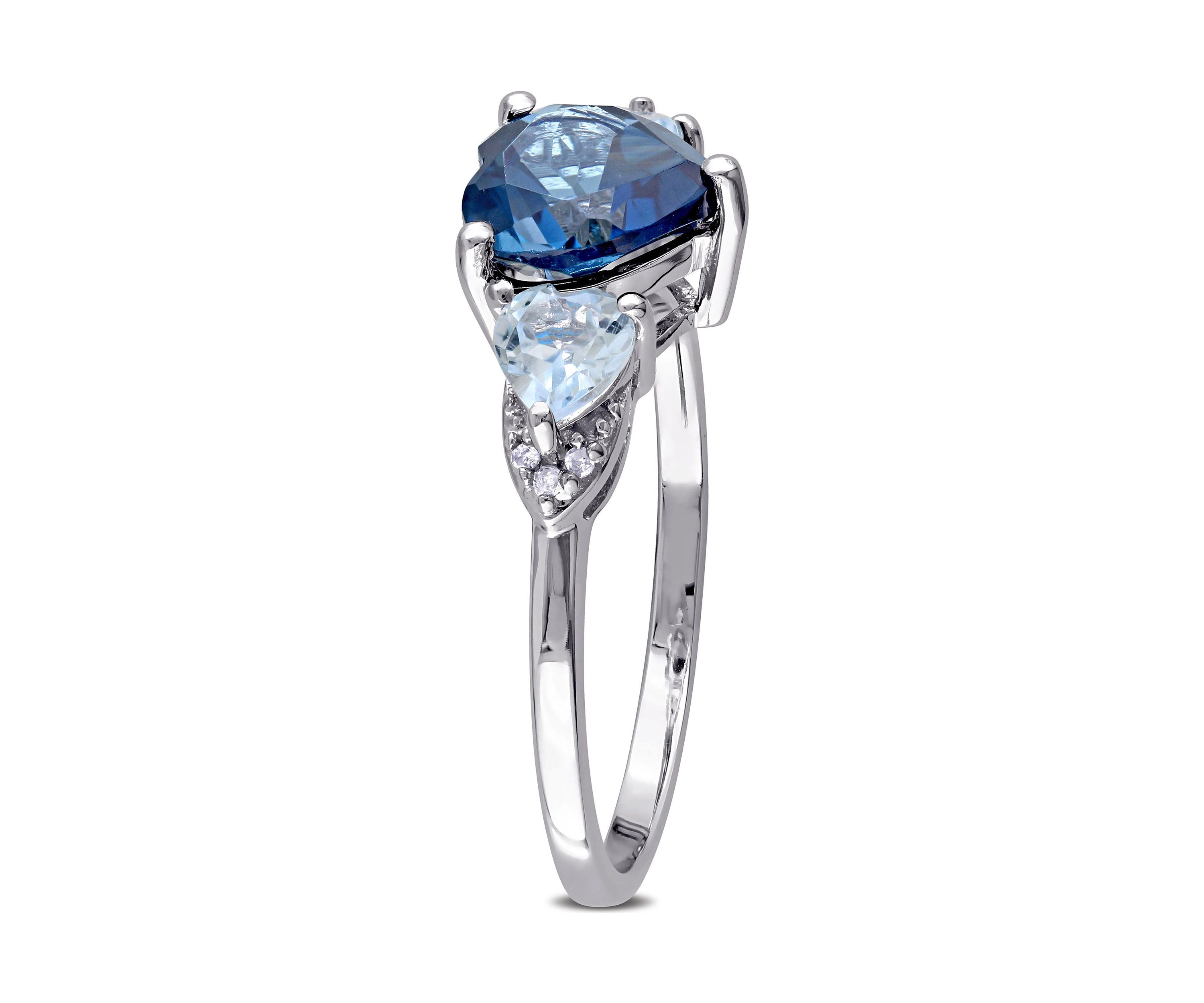 London Blue and Sky Blue Topaz with Diamond Accent Triple Heart Ring in Sterling Silver