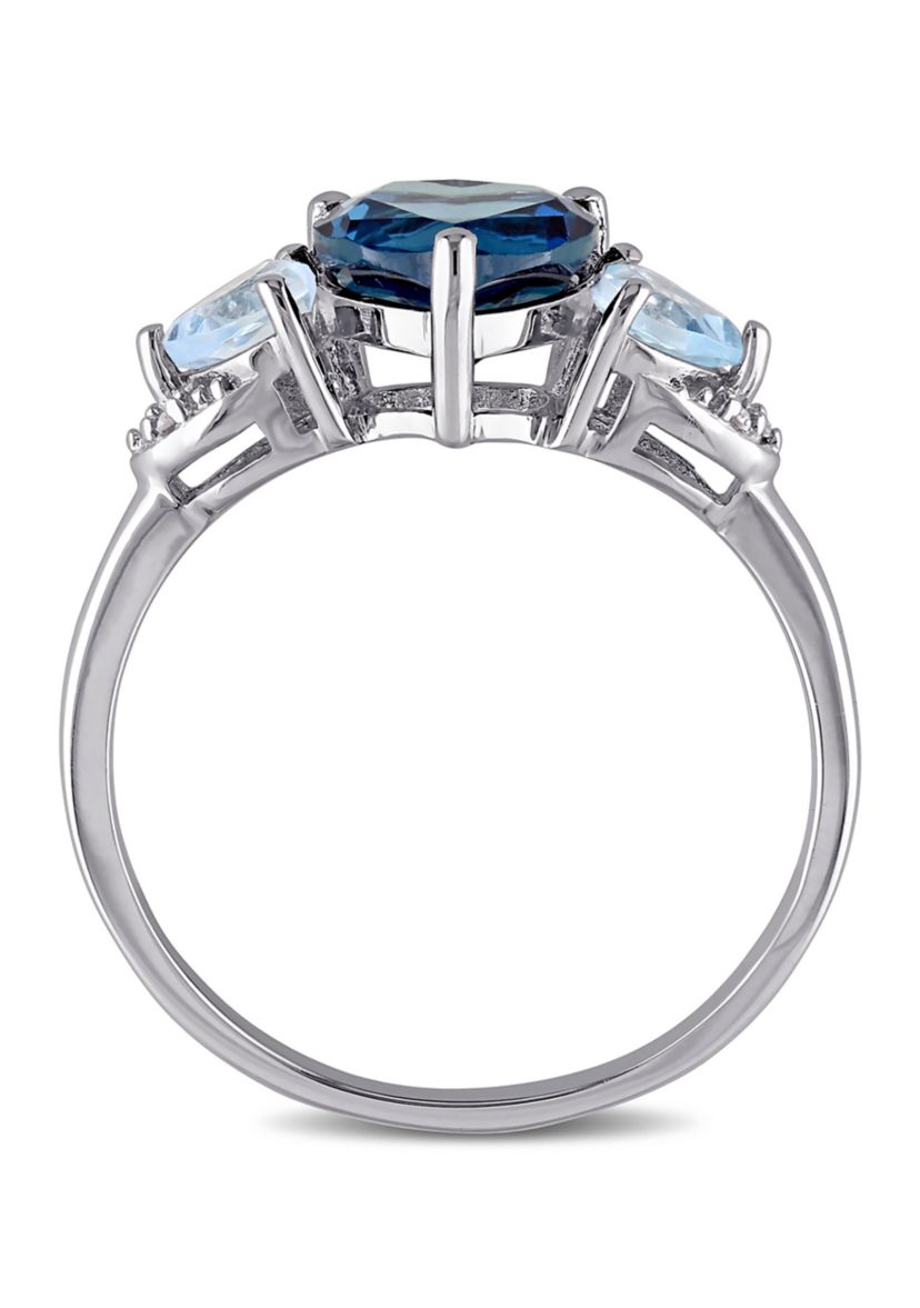 London Blue and Sky Blue Topaz with Diamond Accent Triple Heart Ring in Sterling Silver