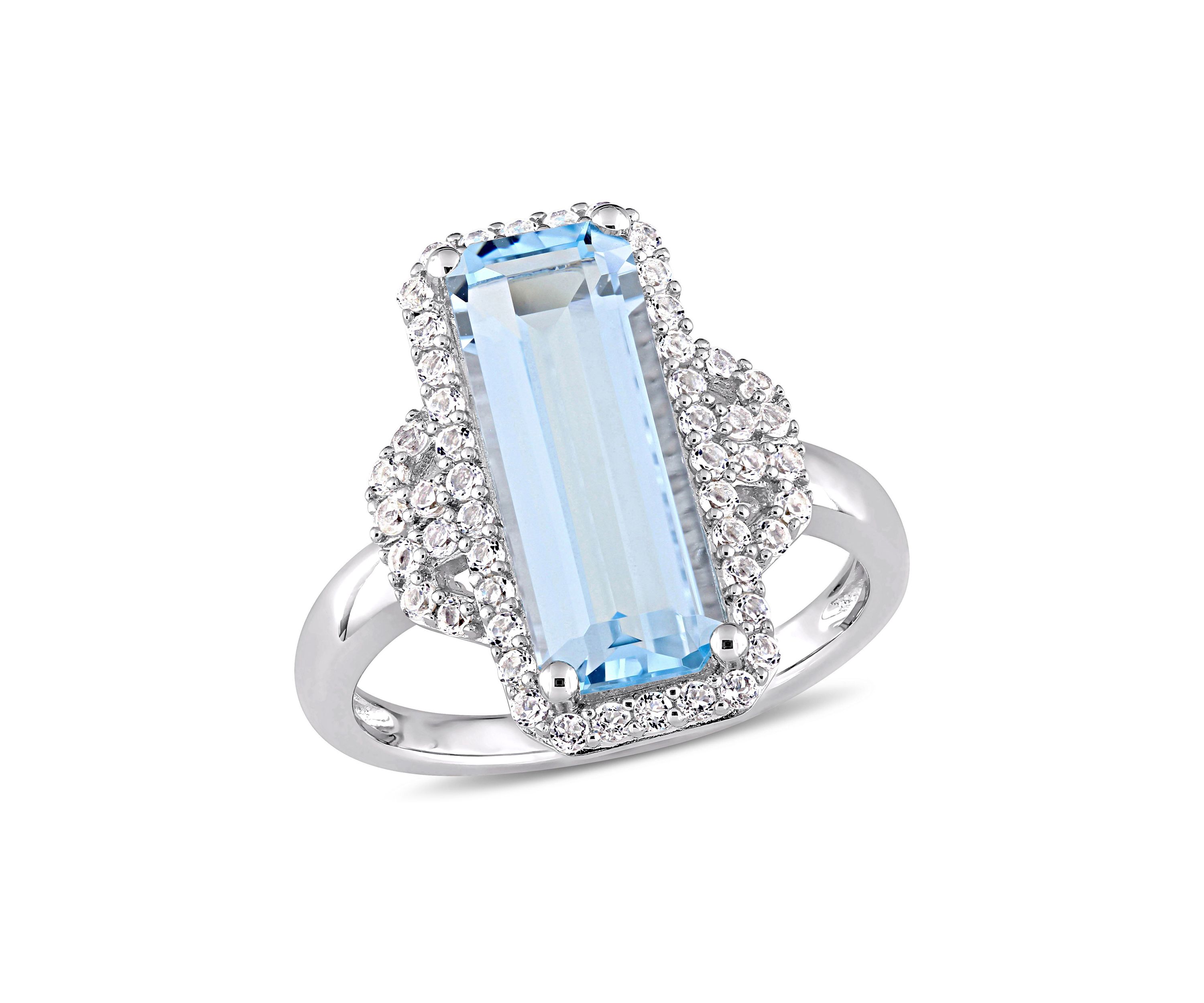4 1/4 CT TGW Octagon Cut Sky Blue Topaz and White Topaz Halo Ring in Sterling Silver