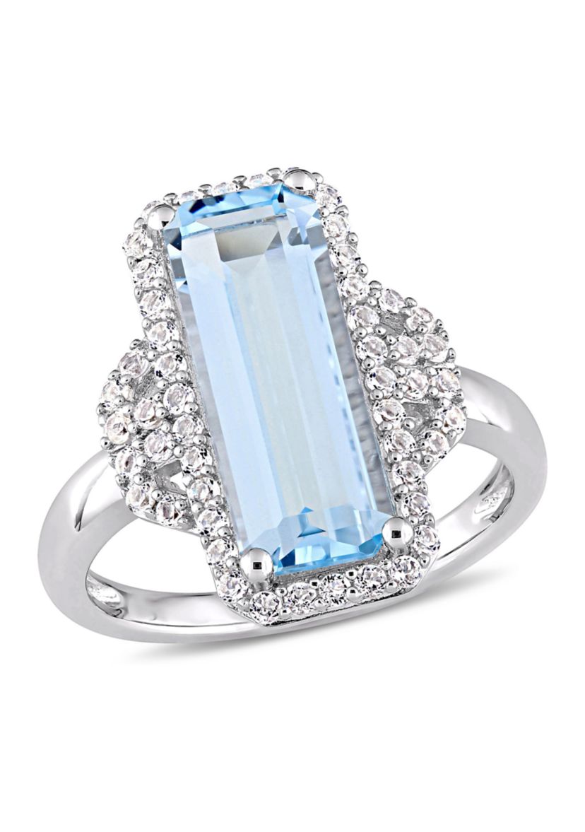 4 1/4 CT TGW Octagon Cut Sky Blue Topaz and White Topaz Halo Ring in Sterling Silver