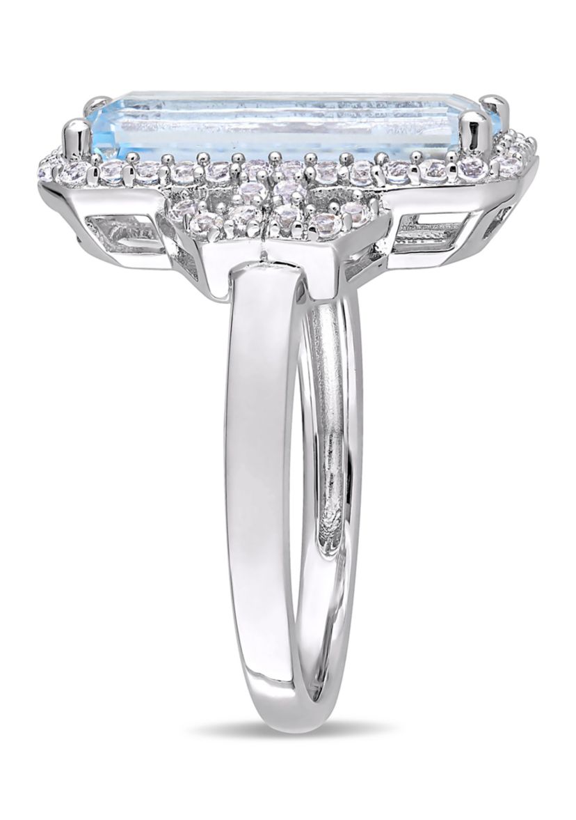 4 1/4 CT TGW Octagon Cut Sky Blue Topaz and White Topaz Halo Ring in Sterling Silver