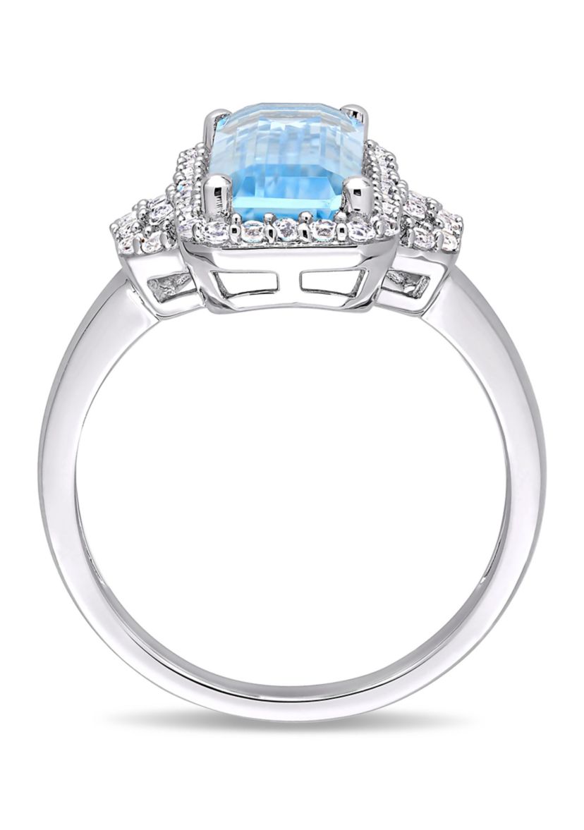 4 1/4 CT TGW Octagon Cut Sky Blue Topaz and White Topaz Halo Ring in Sterling Silver