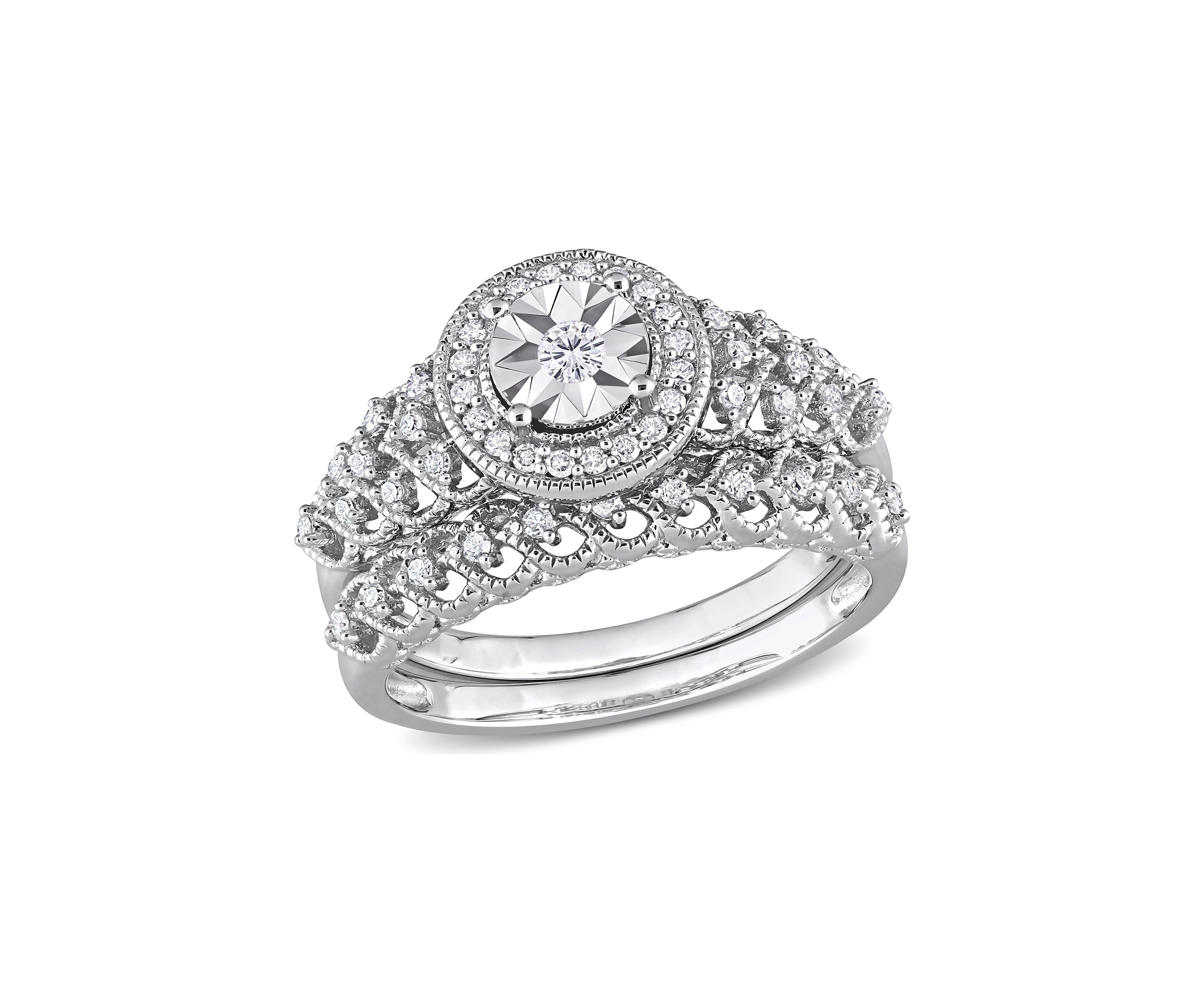 1/3 CT TW Diamond Halo Bridal Ring Set in Sterling Silver
