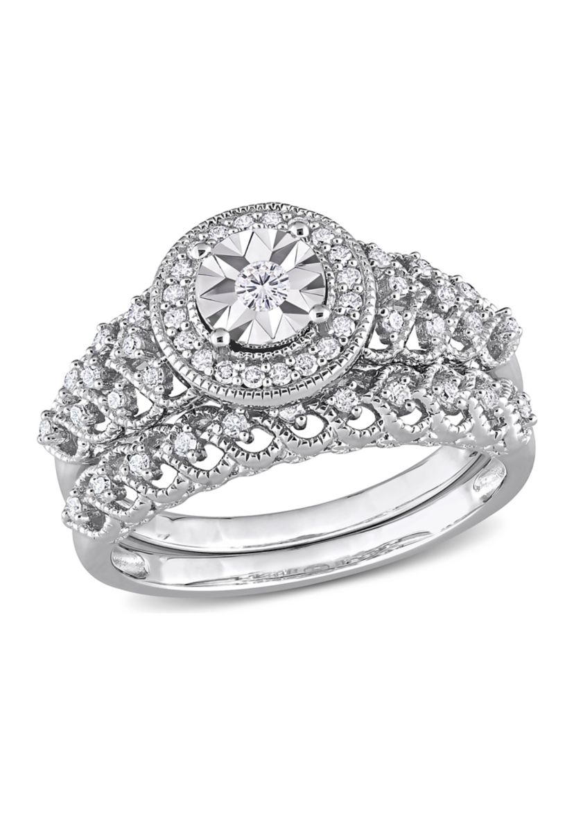 1/3 CT TW Diamond Halo Bridal Ring Set in Sterling Silver