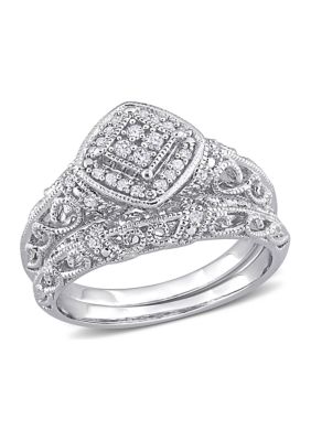 1/5 CT TW Diamond Vintage Bridal Set Sterling Silver