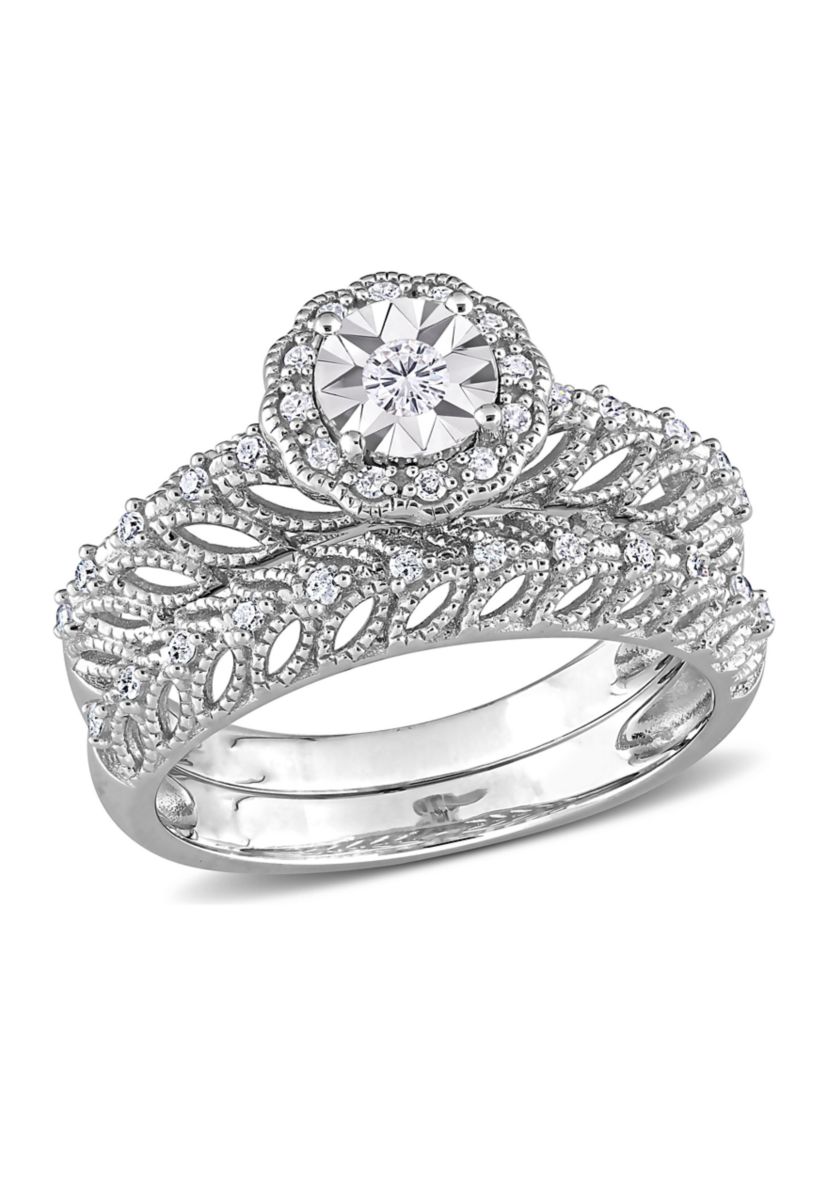 1/4 CT TW Diamond Octagon Halo Bridal Ring Set in Sterling Silver