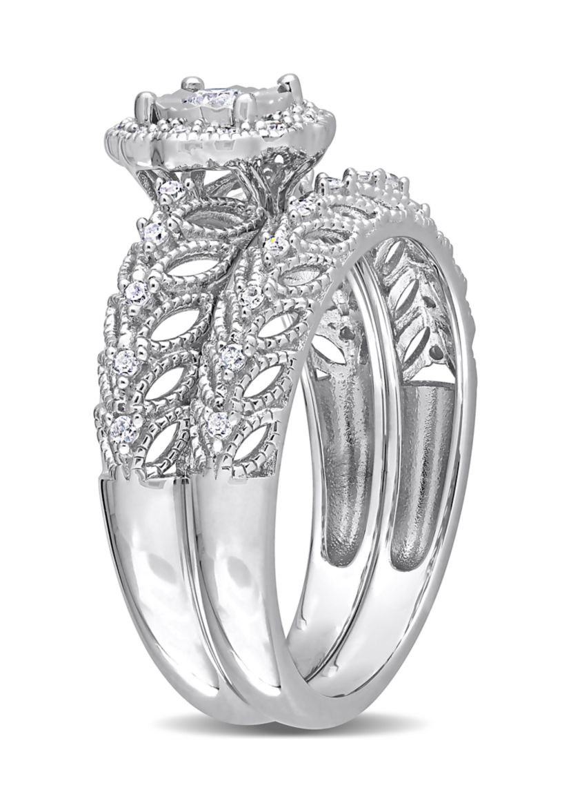 1/4 CT TW Diamond Octagon Halo Bridal Ring Set in Sterling Silver