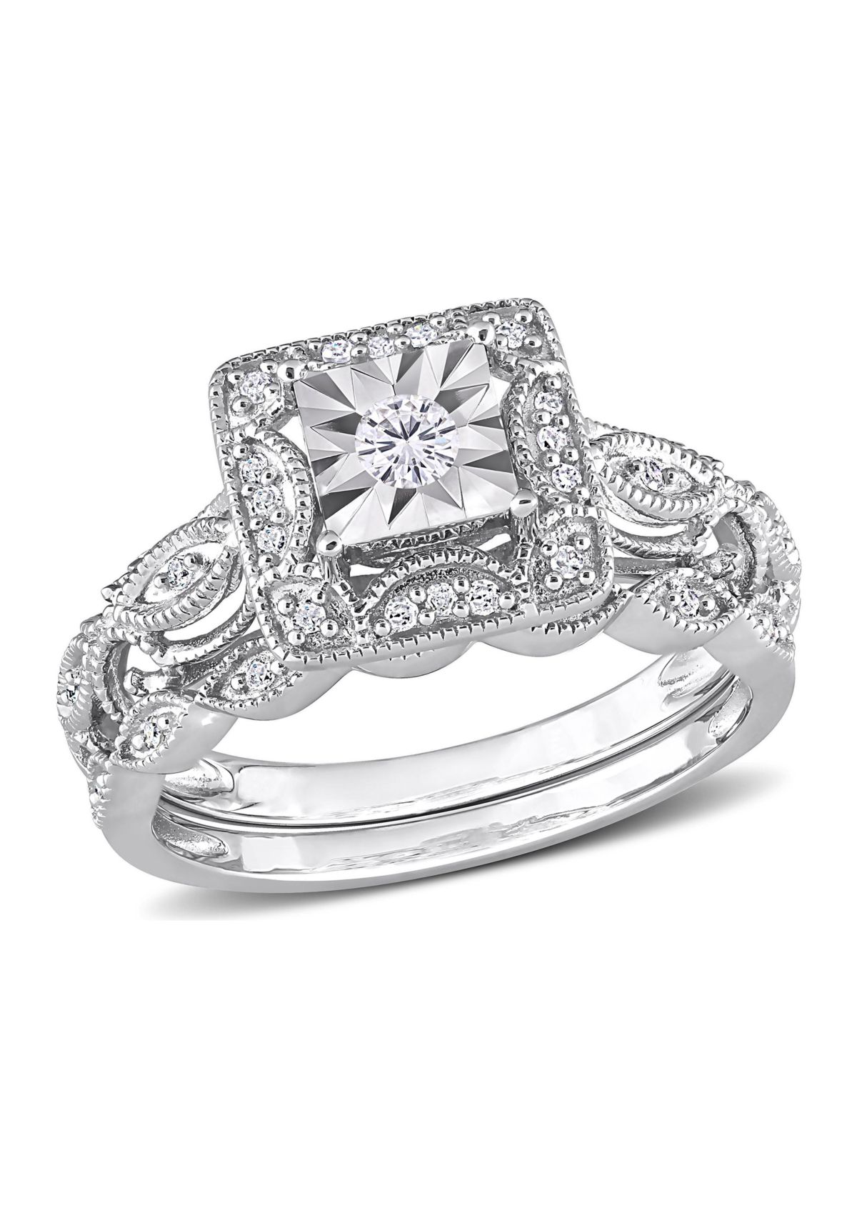 1/5 CT TW Diamond Square Halo Bridal Ring Set in Sterling Silver