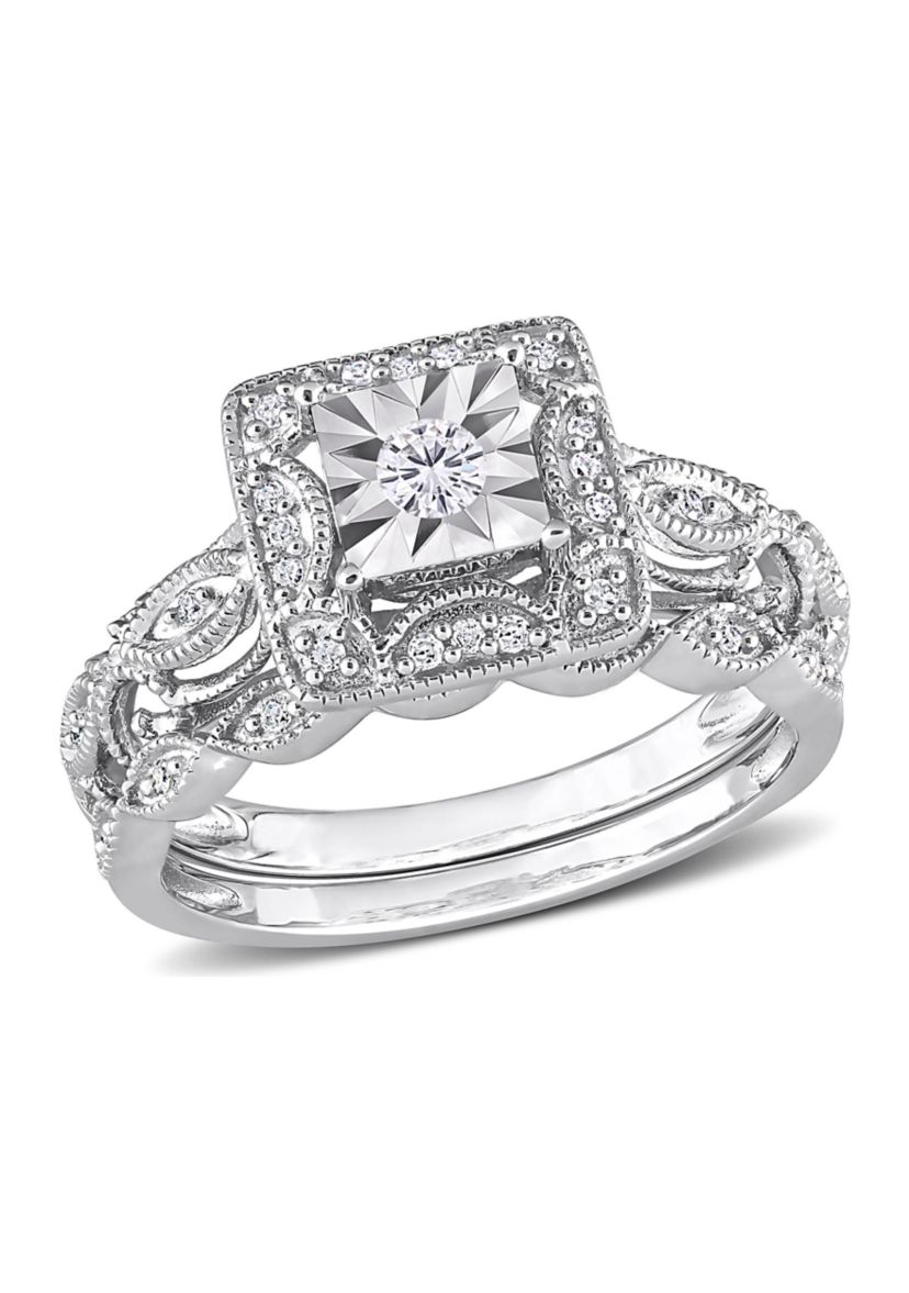 1/5 CT TW Diamond Square Halo Bridal Ring Set in Sterling Silver