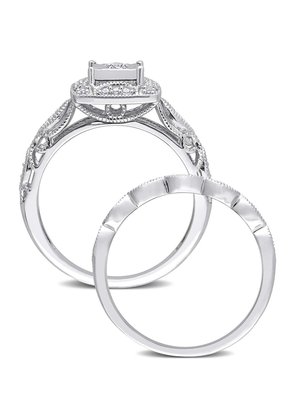 1/5 CT TW Diamond Square Halo Bridal Ring Set in Sterling Silver