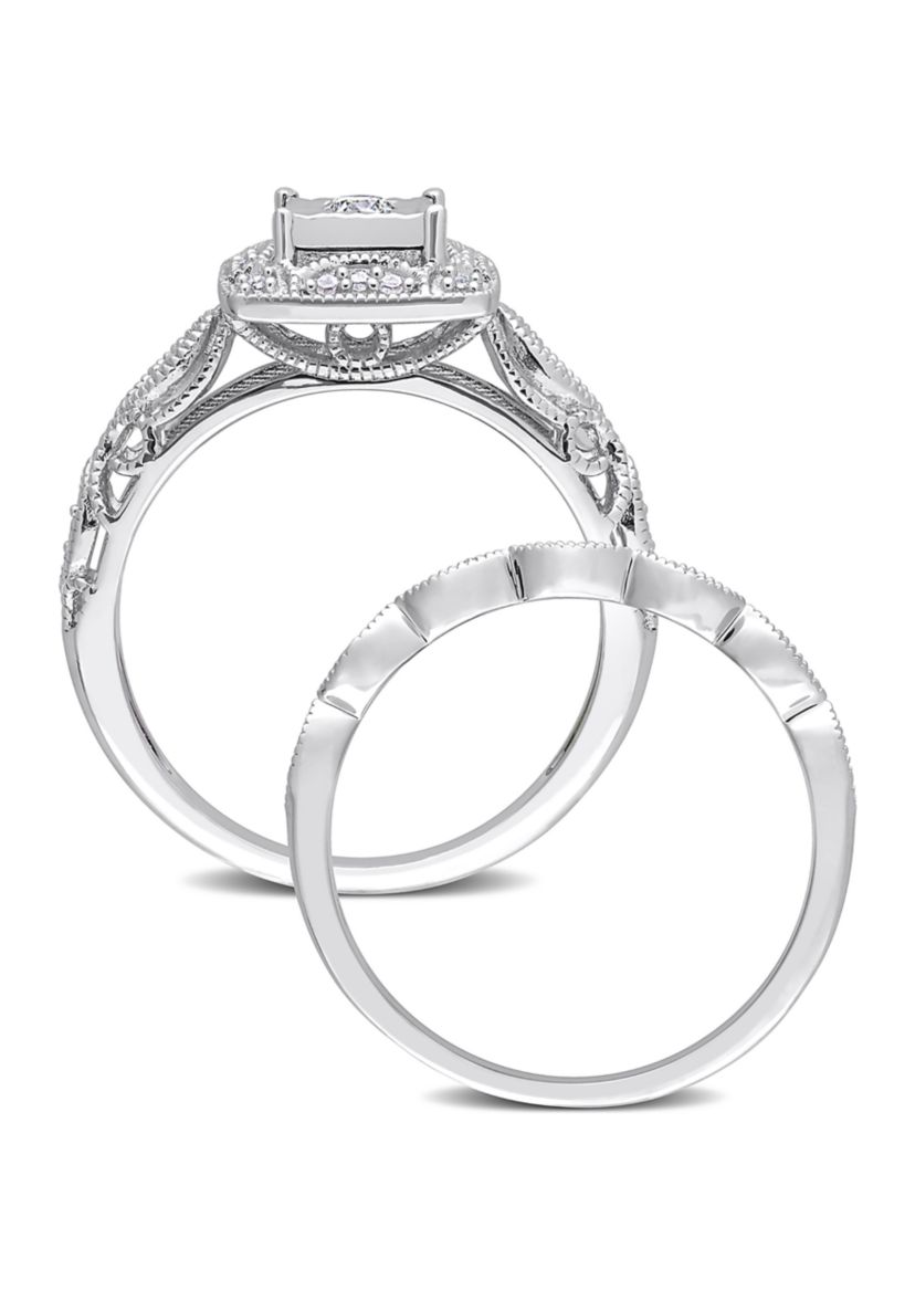 1/5 CT TW Diamond Square Halo Bridal Ring Set in Sterling Silver