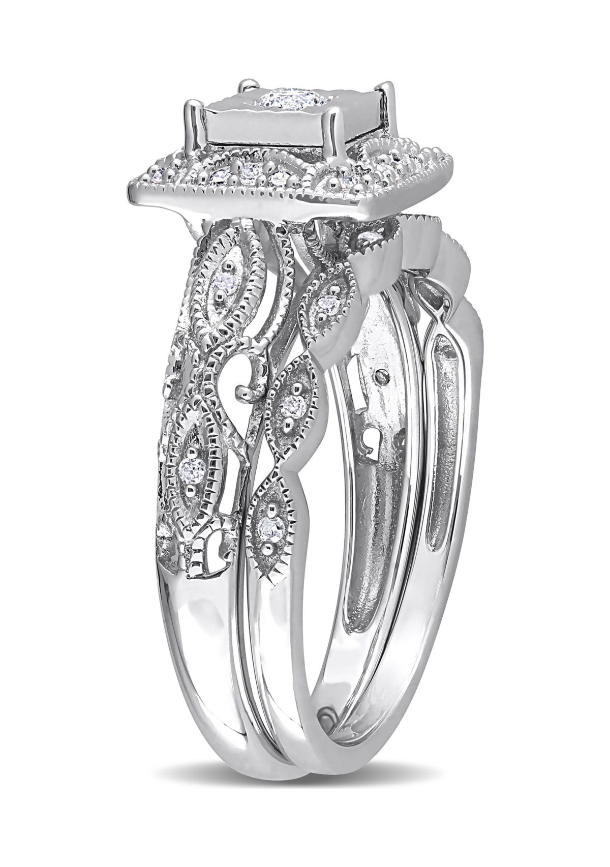 1/5 CT TW Diamond Square Halo Bridal Ring Set in Sterling Silver