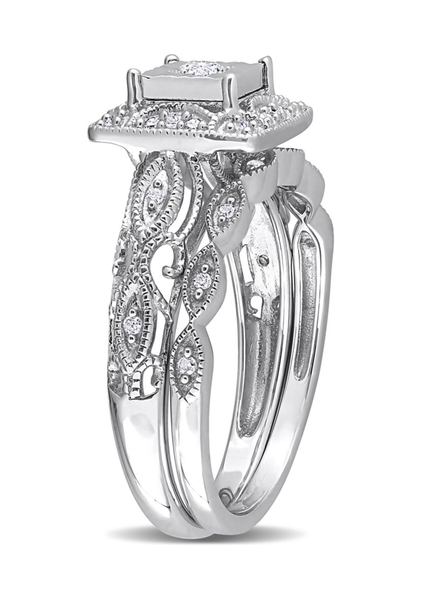 1/5 CT TW Diamond Square Halo Bridal Ring Set in Sterling Silver