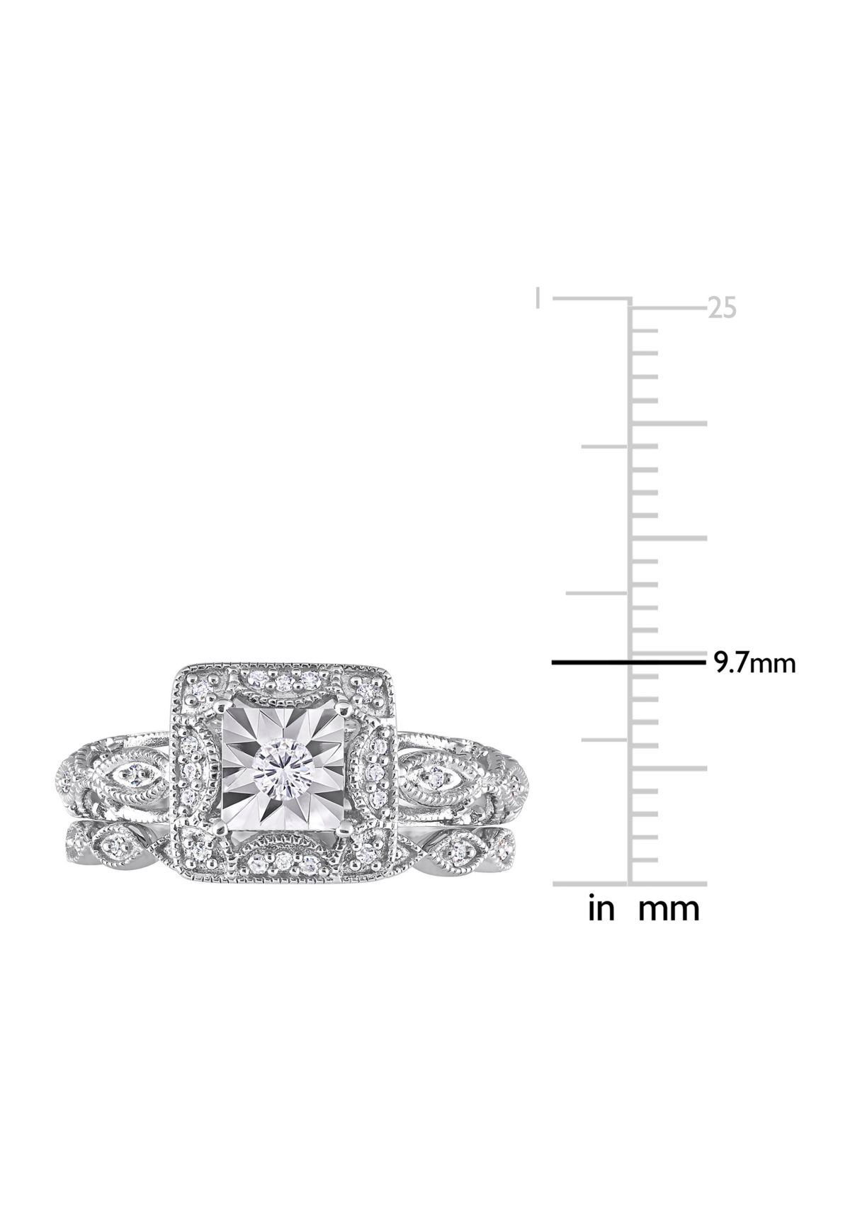1/5 CT TW Diamond Square Halo Bridal Ring Set in Sterling Silver