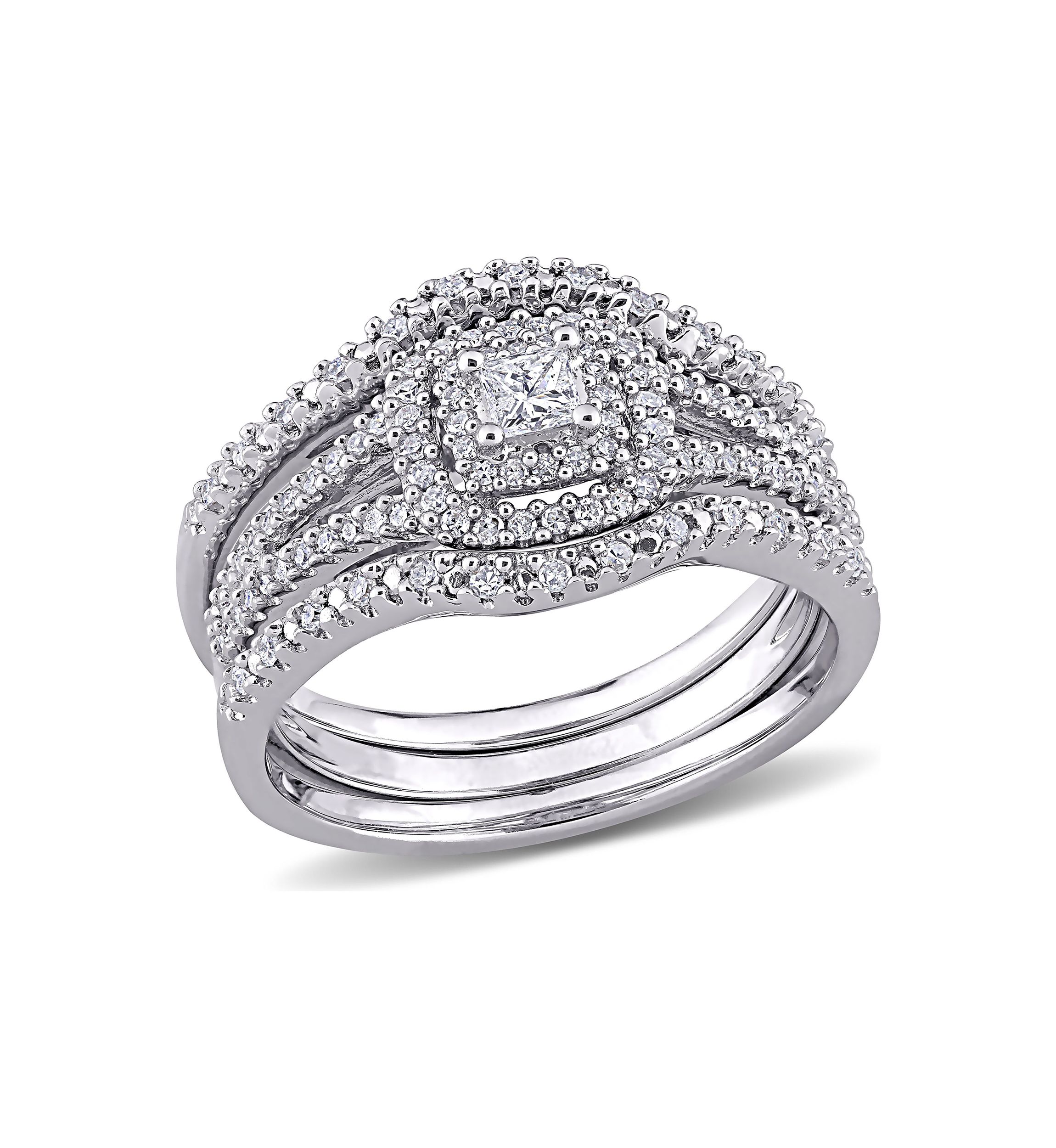 1/2 CT TW Princess Cut and Round Diamond Halo Split Shank Bridal Set in Sterling Silver