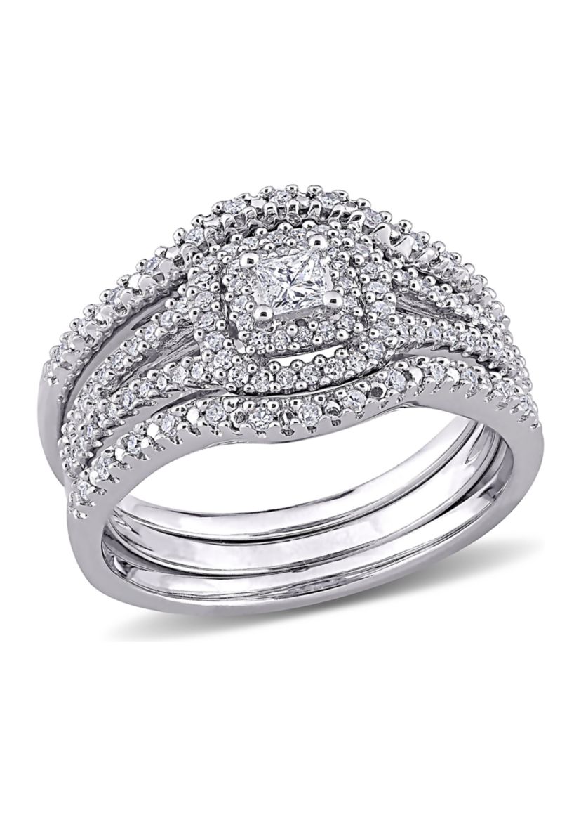 1/2 CT TW Princess Cut and Round Diamond Halo Split Shank Bridal Set in Sterling Silver
