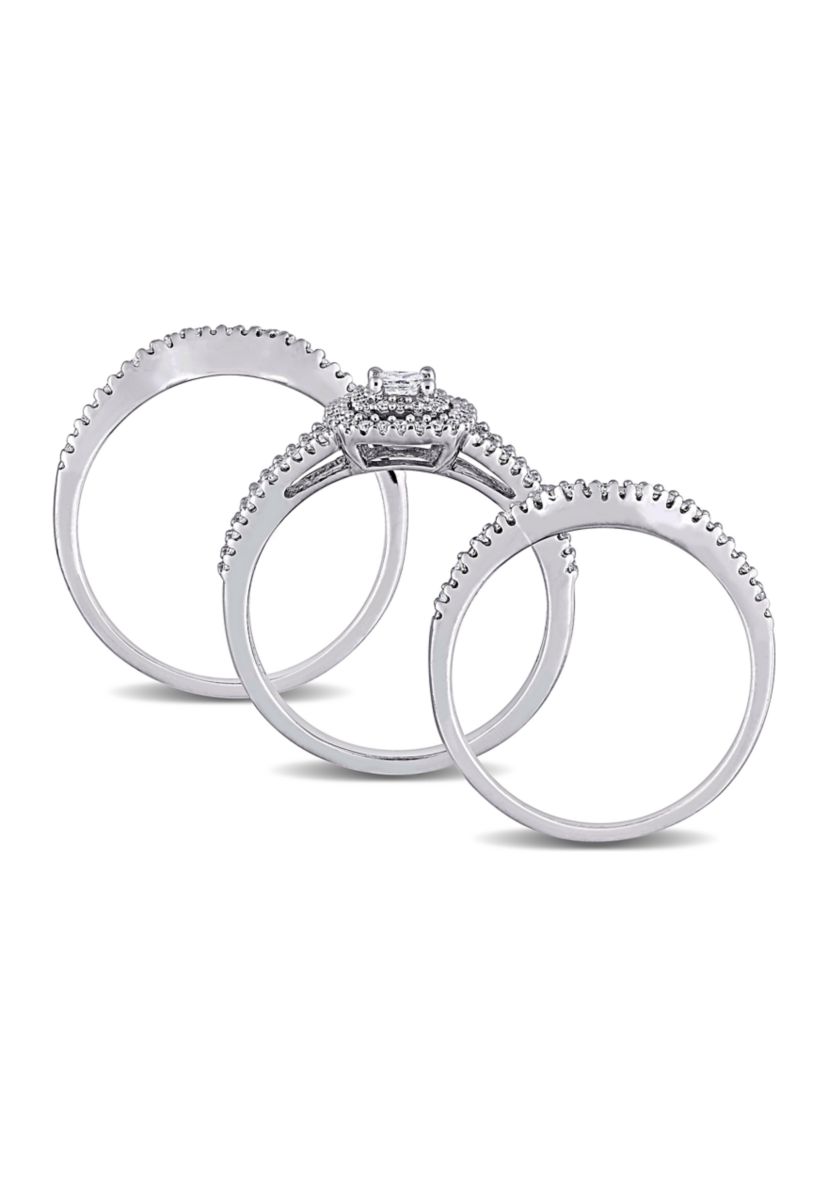 1/2 CT TW Princess Cut and Round Diamond Halo Split Shank Bridal Set in Sterling Silver