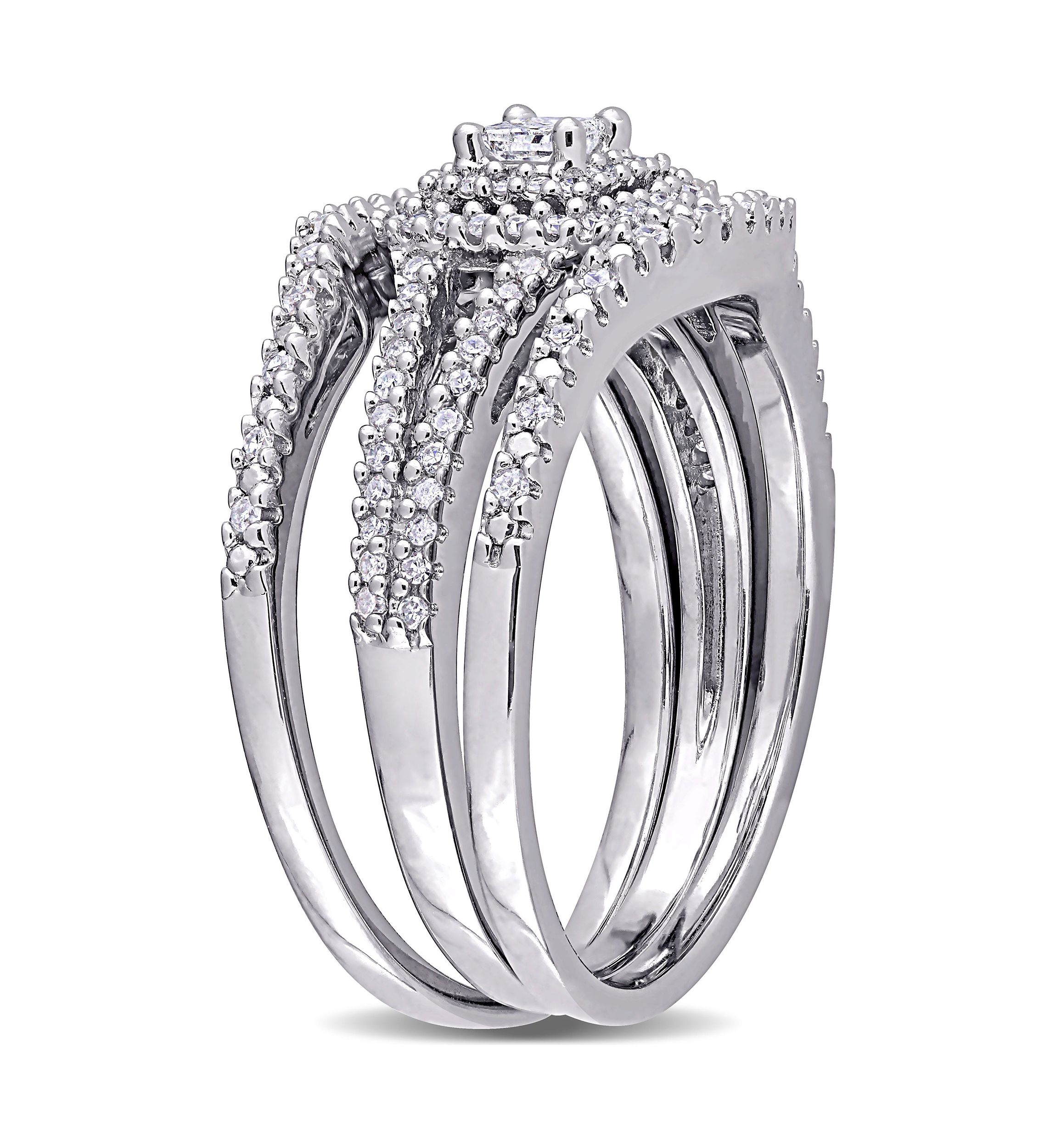 1/2 CT TW Princess Cut and Round Diamond Halo Split Shank Bridal Set in Sterling Silver