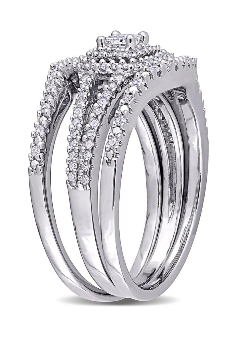 1/2 CT TW Princess Cut and Round Diamond Halo Split Shank Bridal Set in Sterling Silver