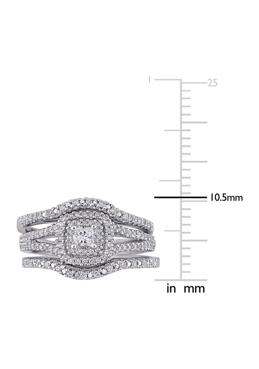 1/2 CT TW Princess Cut and Round Diamond Halo Split Shank Bridal Set in Sterling Silver