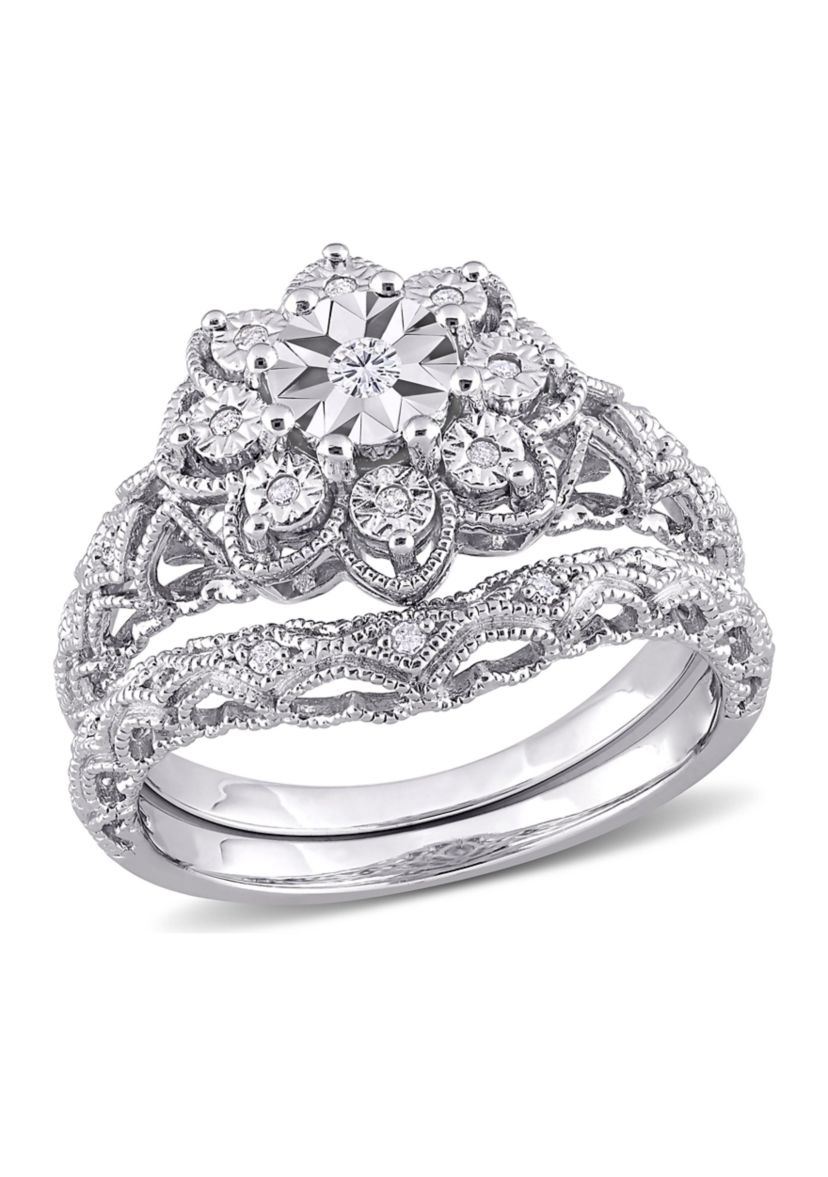 1/10 CT TW Diamond Vintage Bridal Set in Sterling Silver